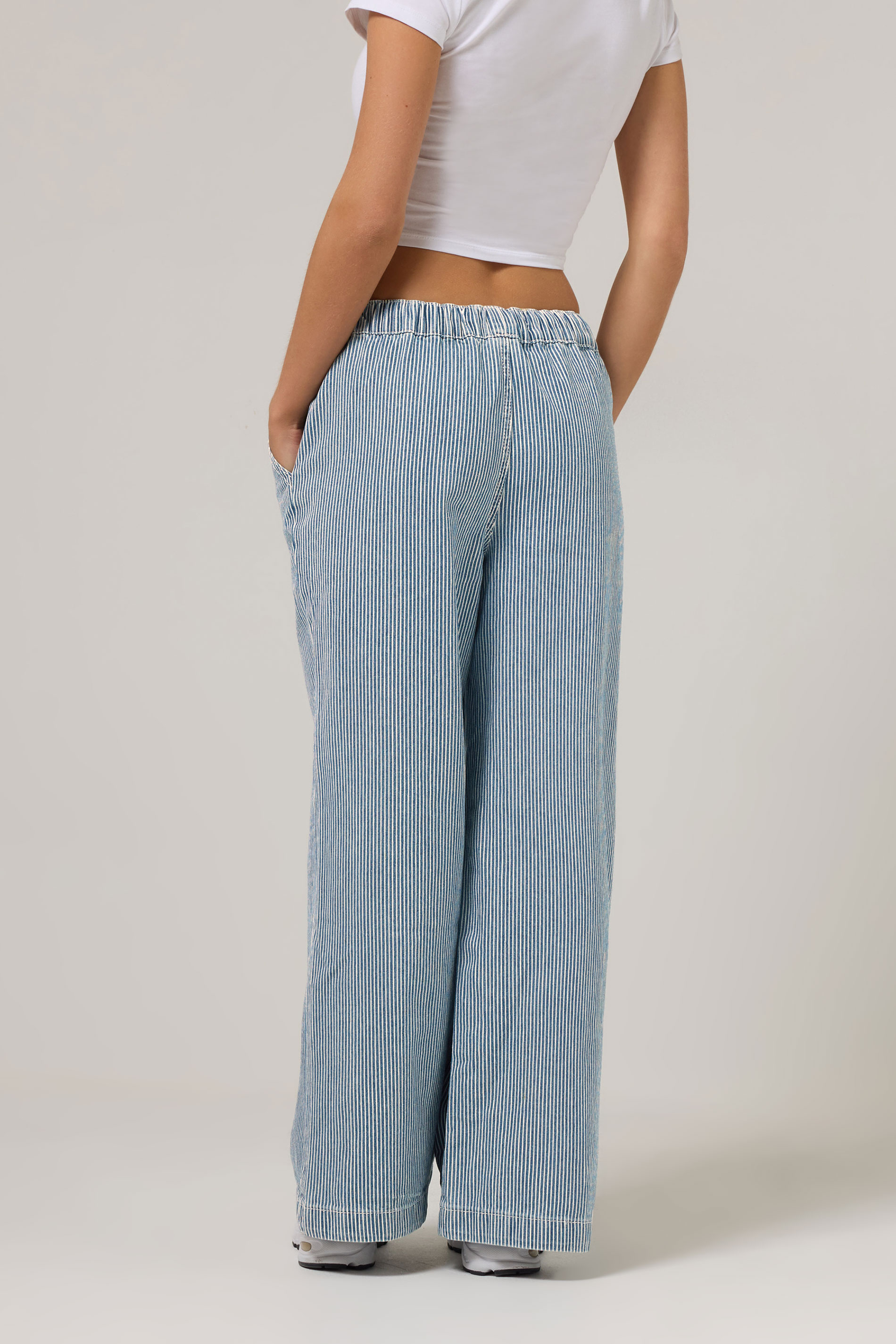 PixieGirl Petite Women's Blue Cotton Striped Wide Leg Jeans | PixieGirl 3