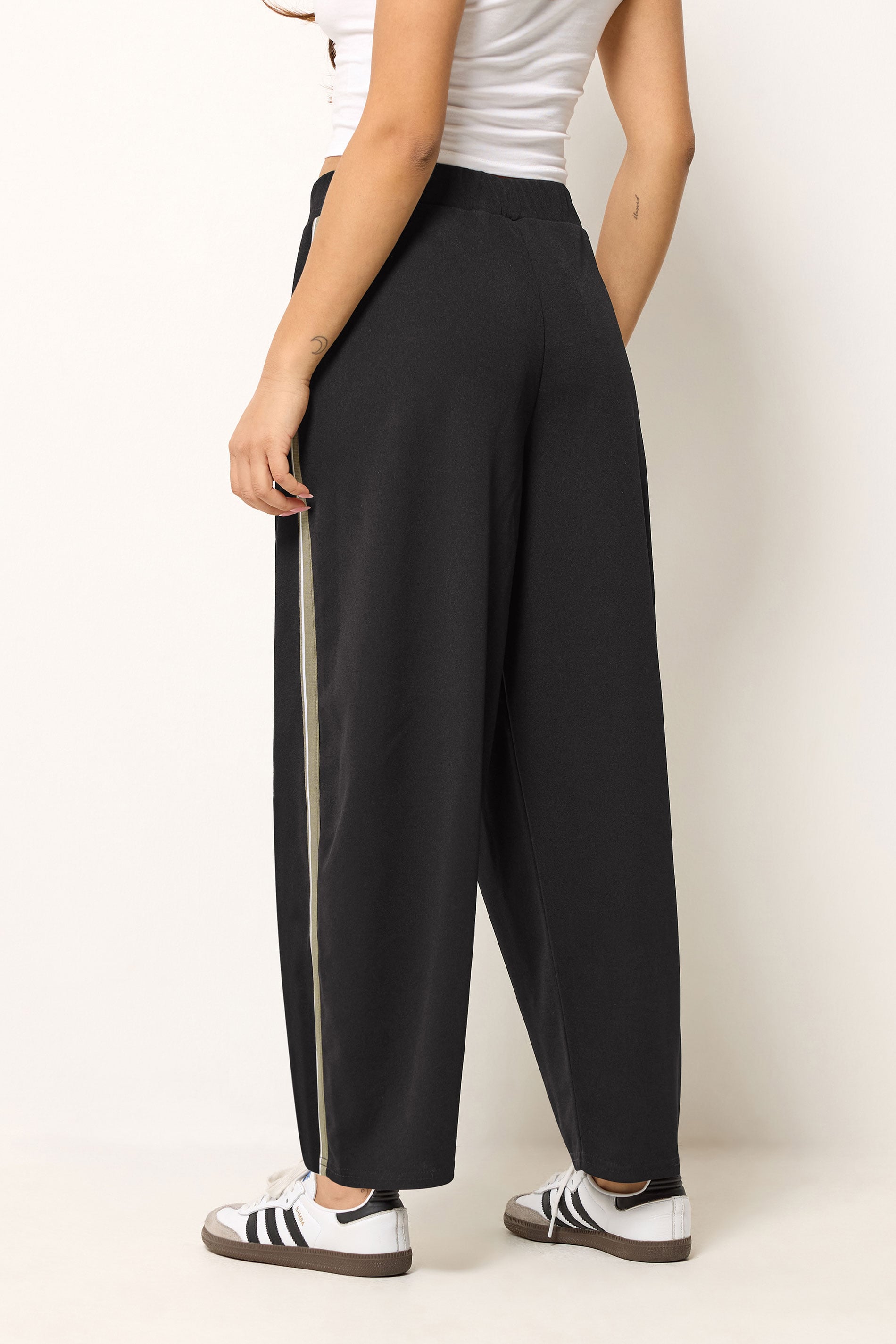 PixieGirl Petite Women's Black Side Stripe Detail Barrel Leg Trousers | PixieGirl 2