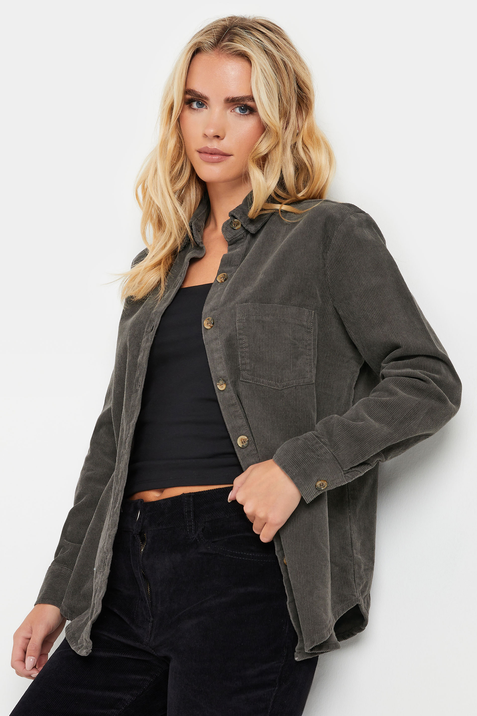 PixieGirl Petite Women's Grey Cord Long Sleeve Shirt | PixieGirl 1