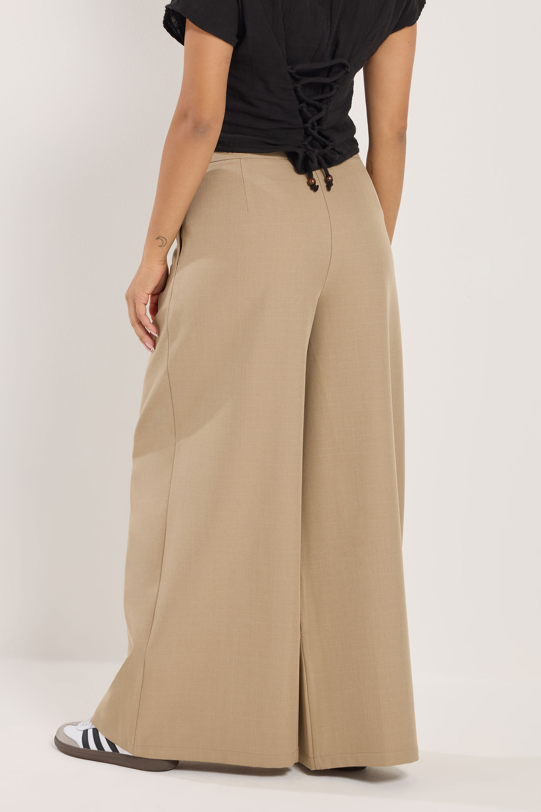 PixieGirl Petite Women's Natural Brown Pleat Front Palazzo Trousers | PixieGirl 4