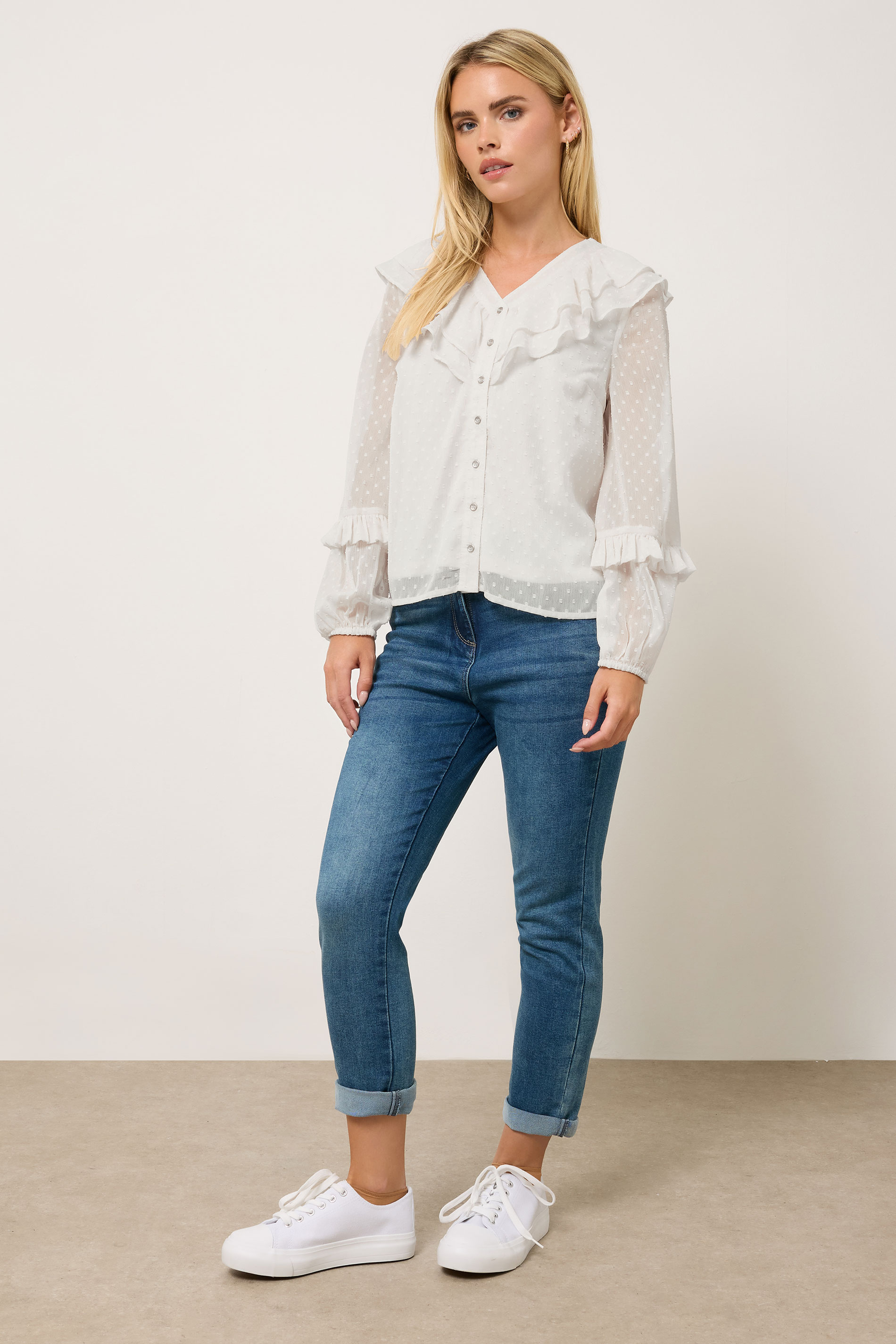 M&Co Petite Ivory White Dobby Ruffle Blouse | M&Co 2