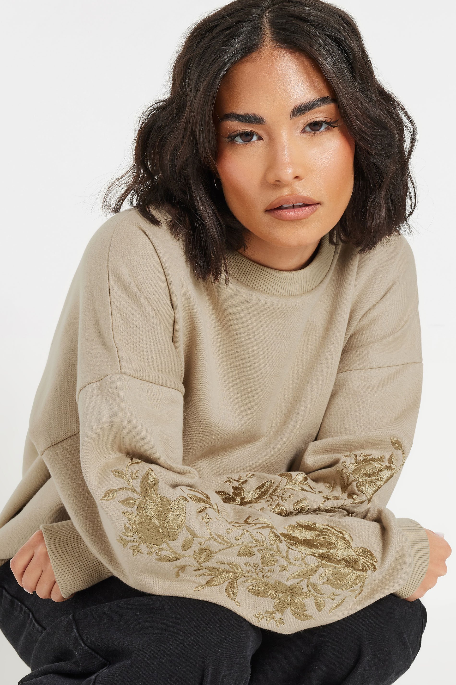 PixieGirl Petite Women's Natural Brown Floral Embroidered Sweatshirt | PixieGirl 6