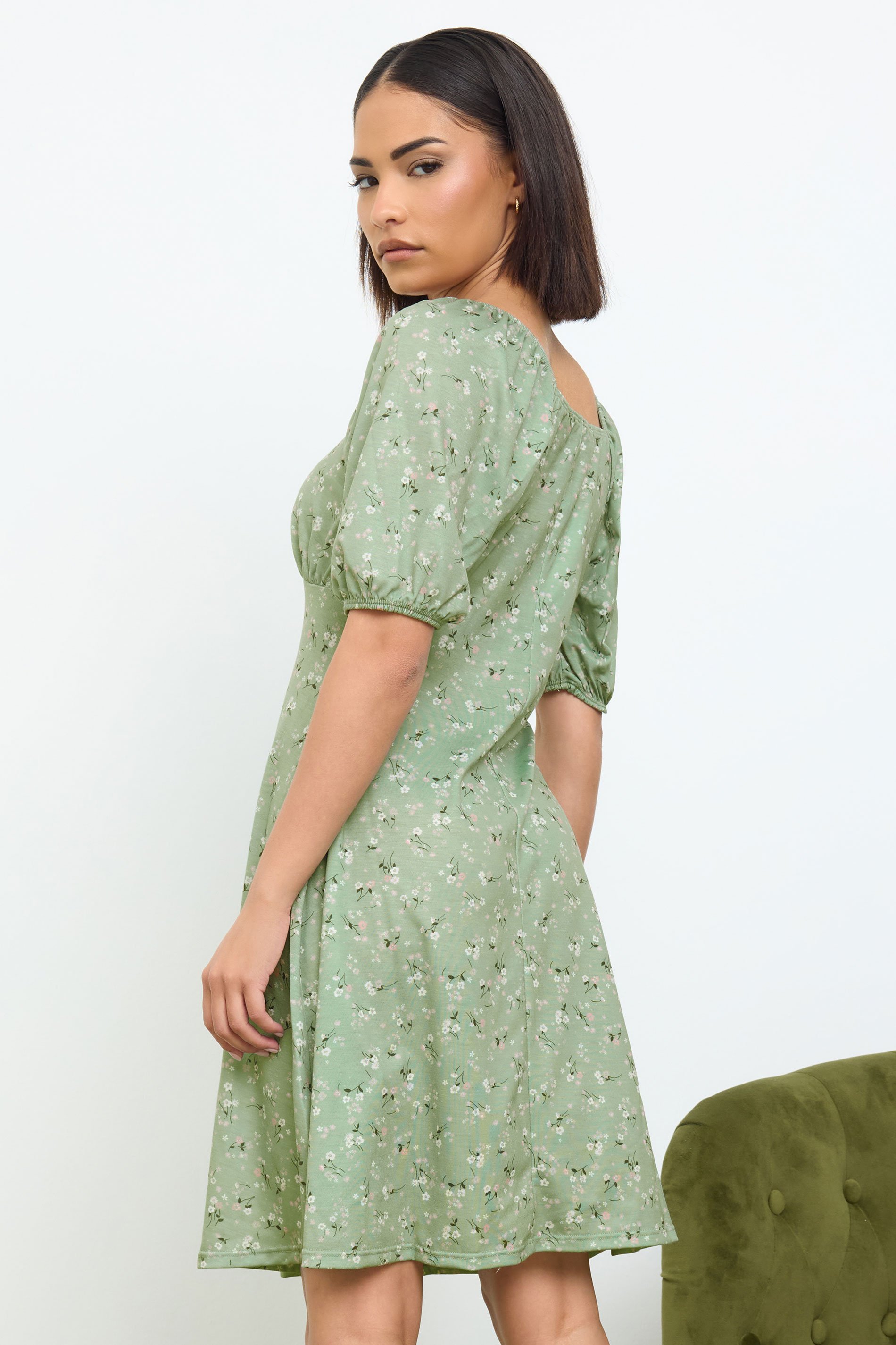 PixieGirl Petite Women's Sage Green Ditsy Floral Print Mini Dress | PixieGirl 3