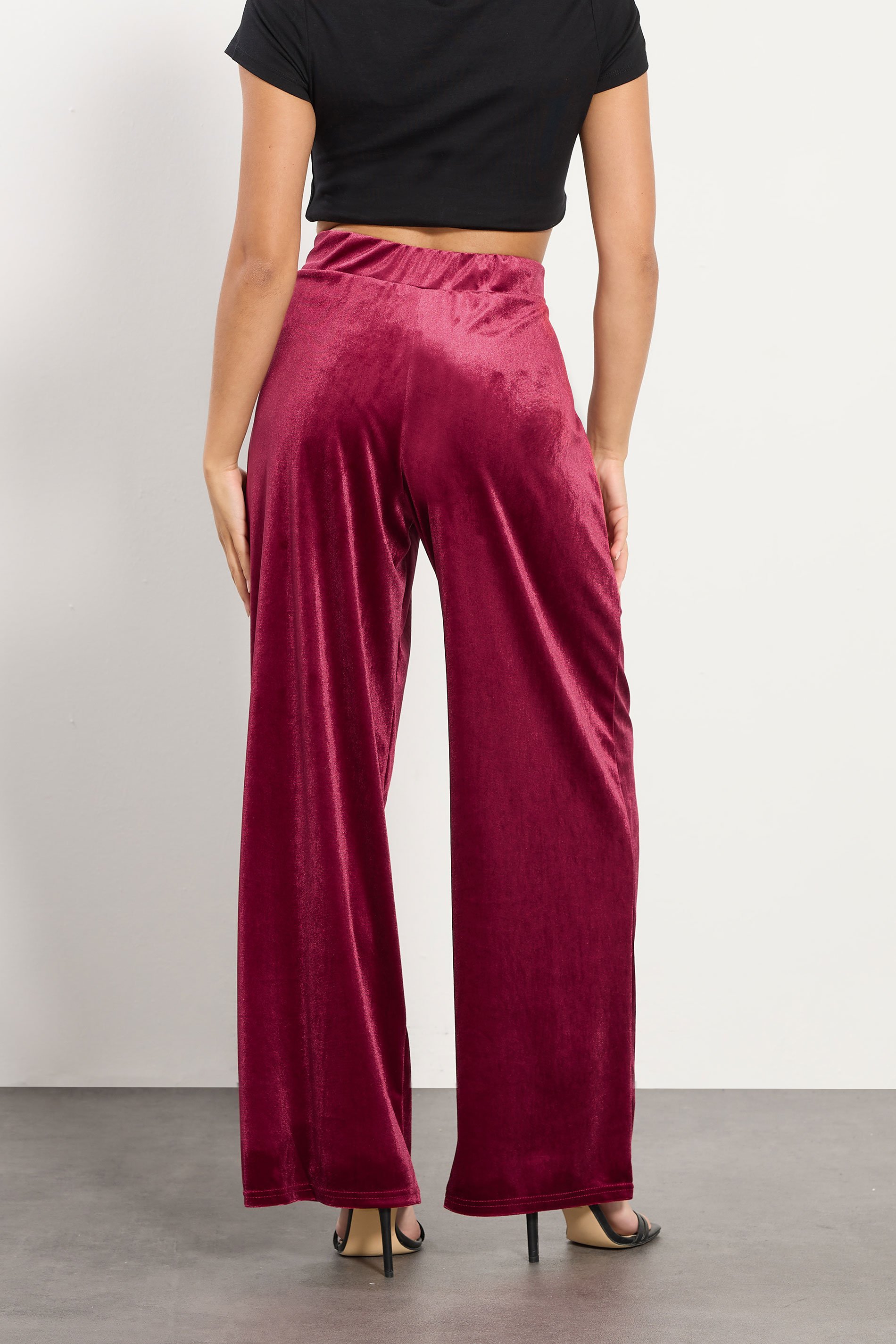PixieGirl Petite Women's Burgundy Red Velour Wide Leg Trousers | PixieGirl 3