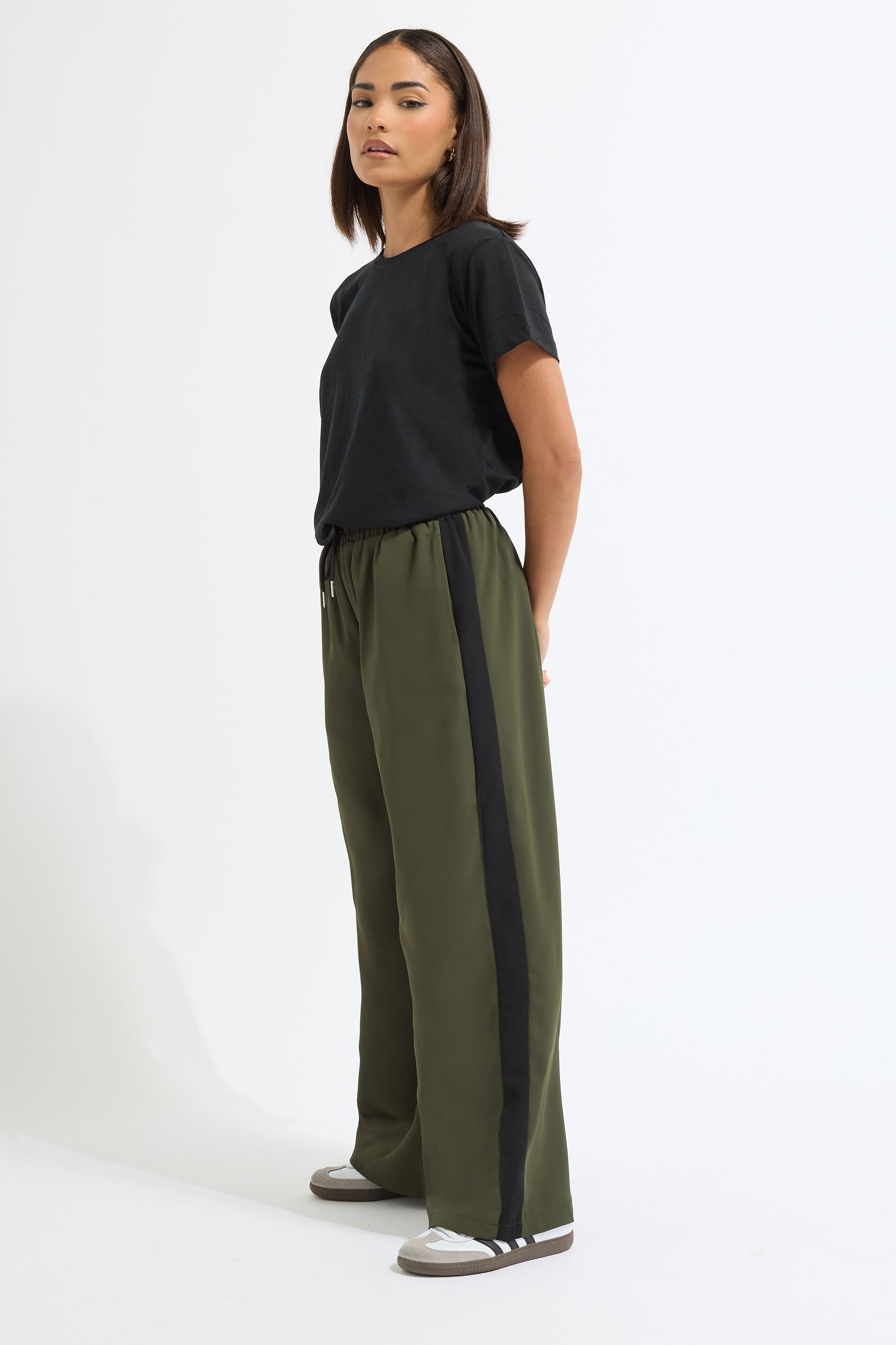 PixieGirl Petite Women's Khaki Green Striped Wide Leg Trousers | PixieGirl 1