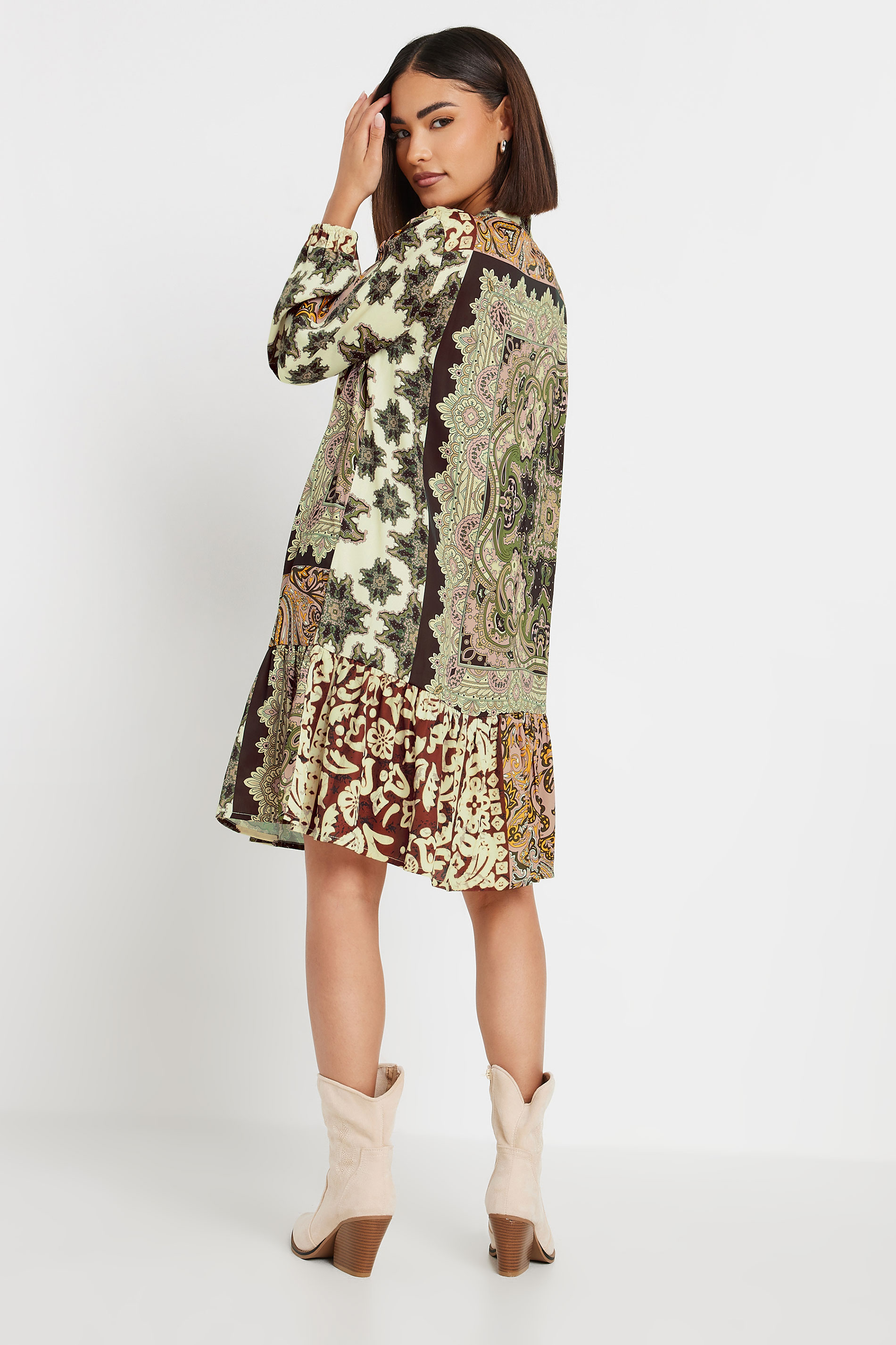 PixieGirl Petite Women's Beige Brown Patchwork Print Tiered Midi Dress | PixieGirl 4