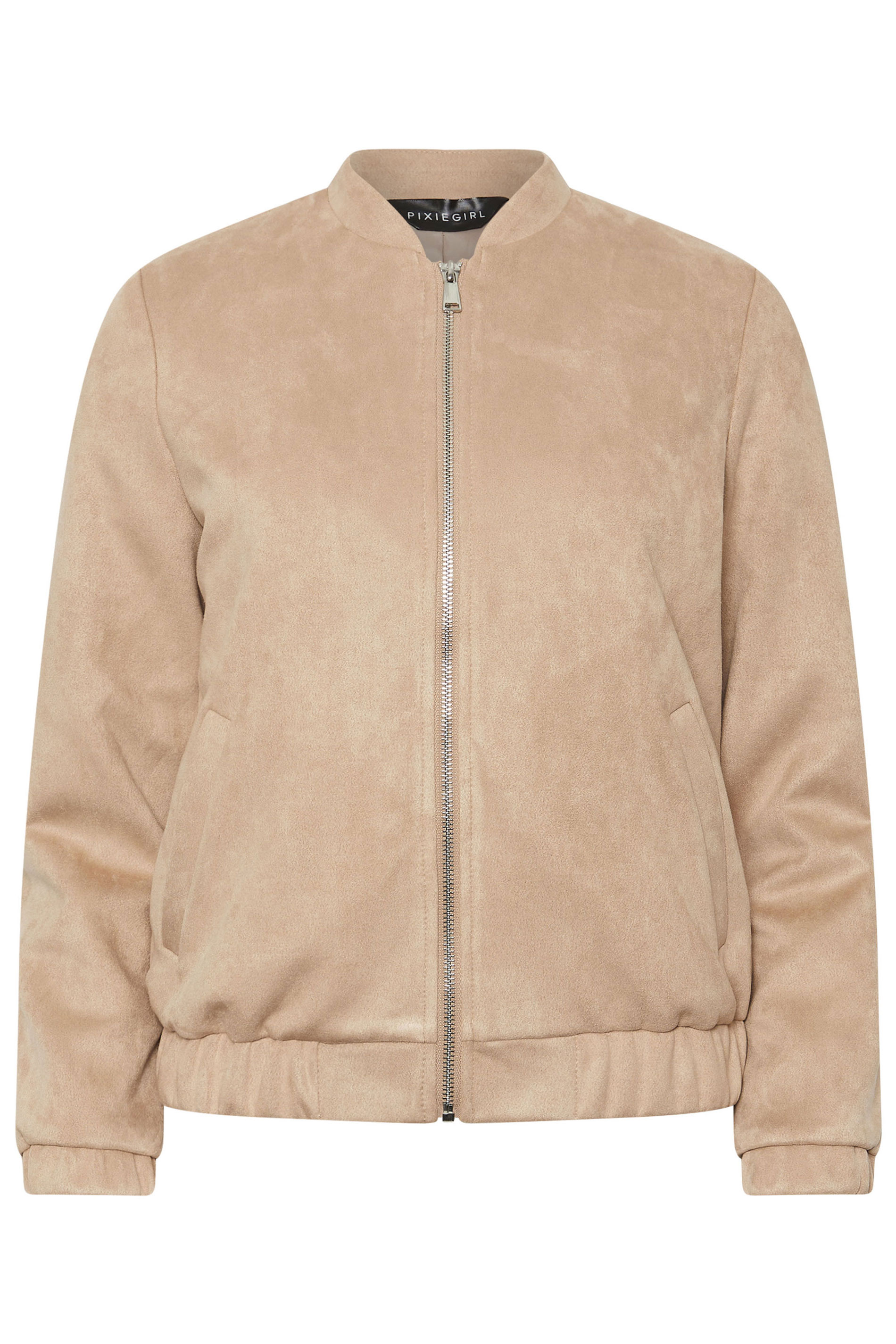 PixieGirl Petite Women's Natural Brown Faux Suede Bomber Jacket | PixieGirl 5