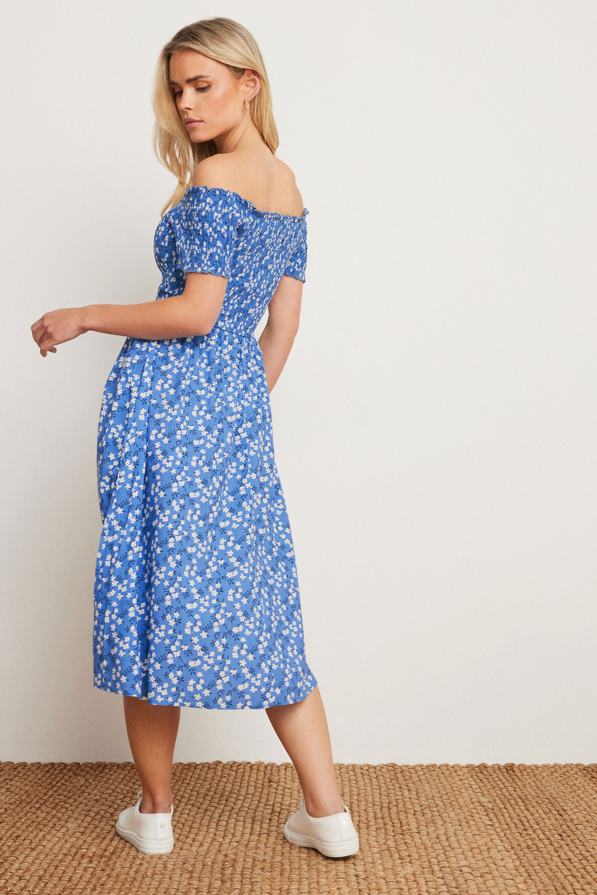 PixieGirl Petite Women's Blue Ditsy Floral Bardot Midi Dress | PixieGirl 3