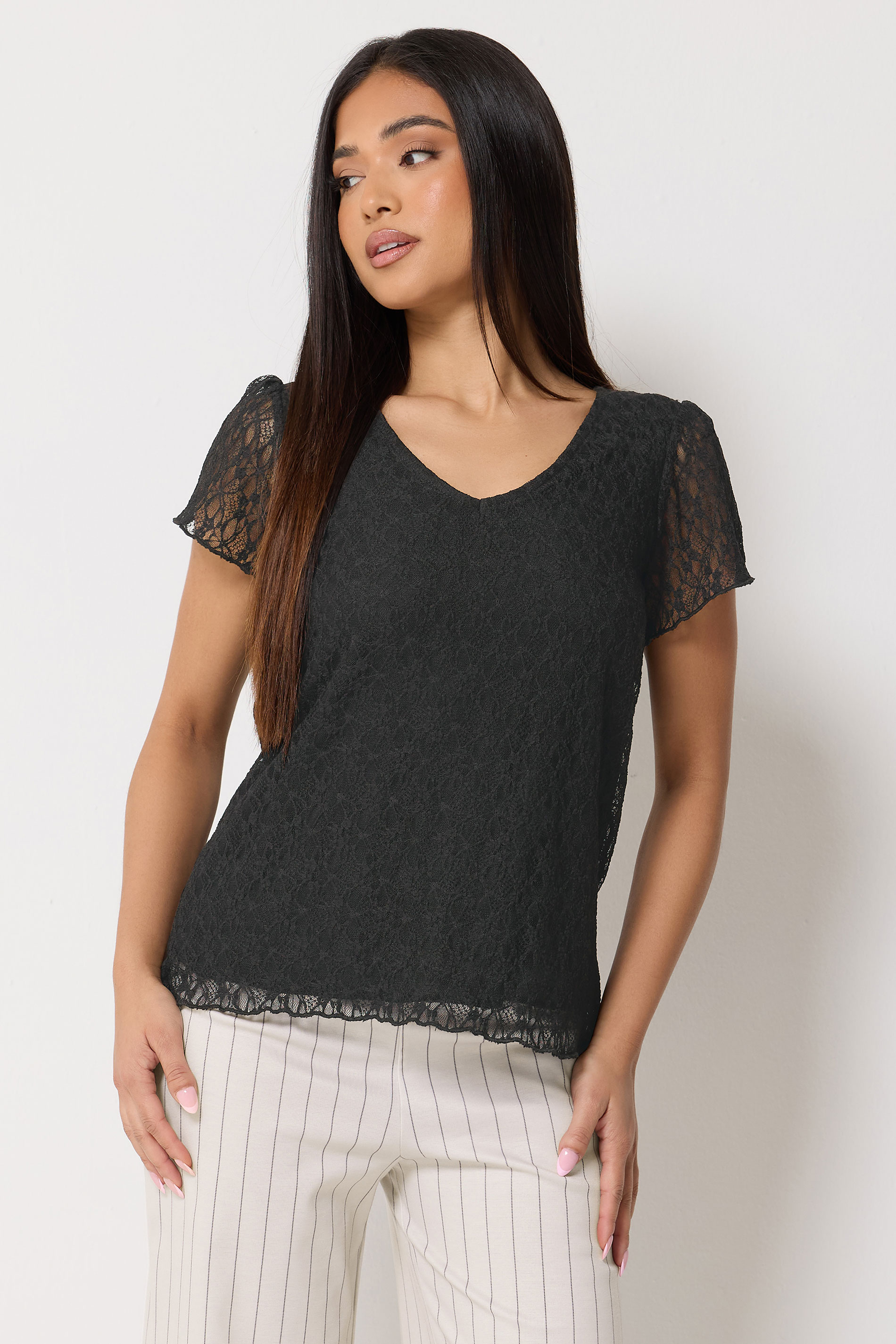 M&Co Petite Black Lace Short Sleeve V-Neck Top | M&Co 3