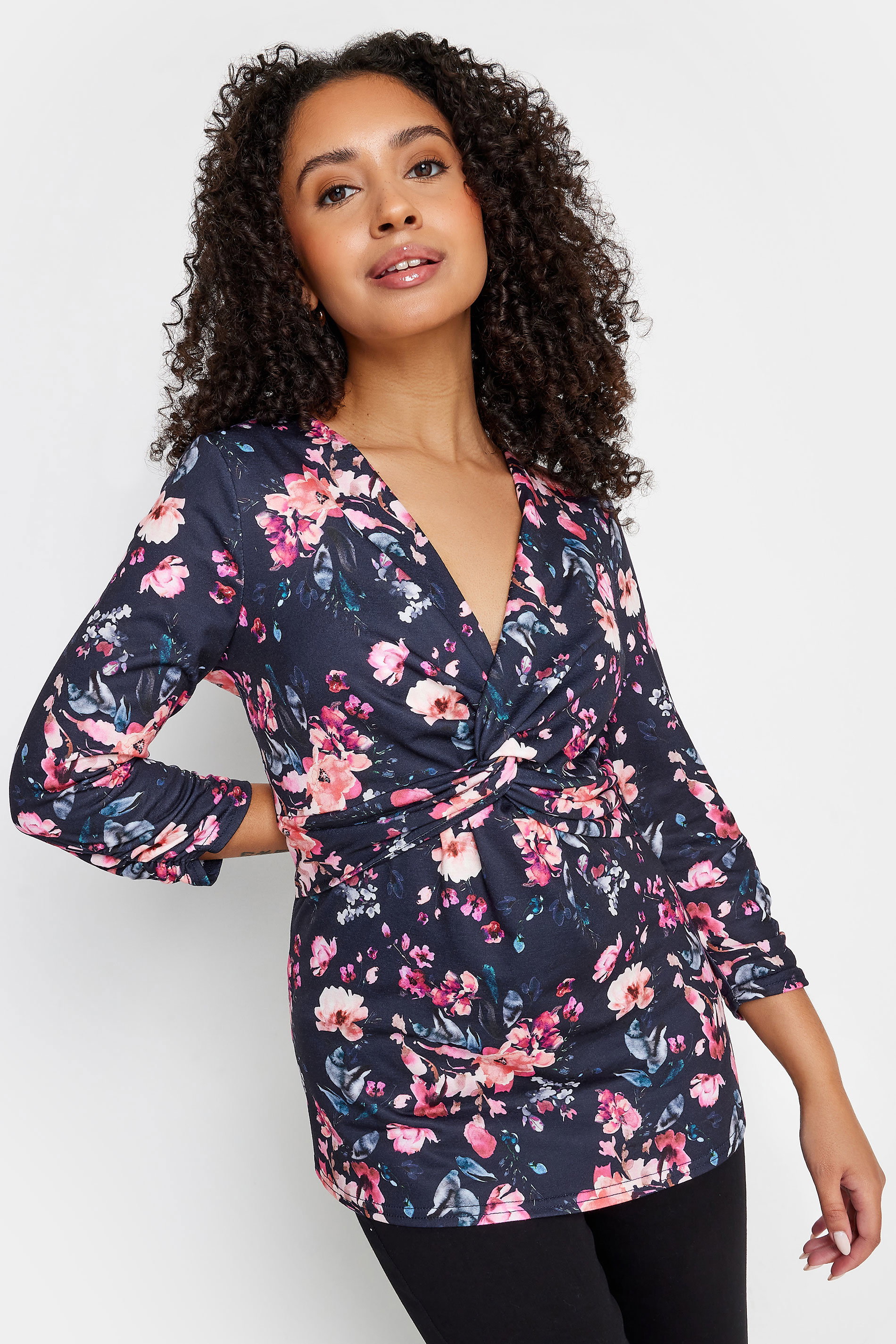M&Co Petite Navy Blue Floral Twist Front Top | M&Co 3