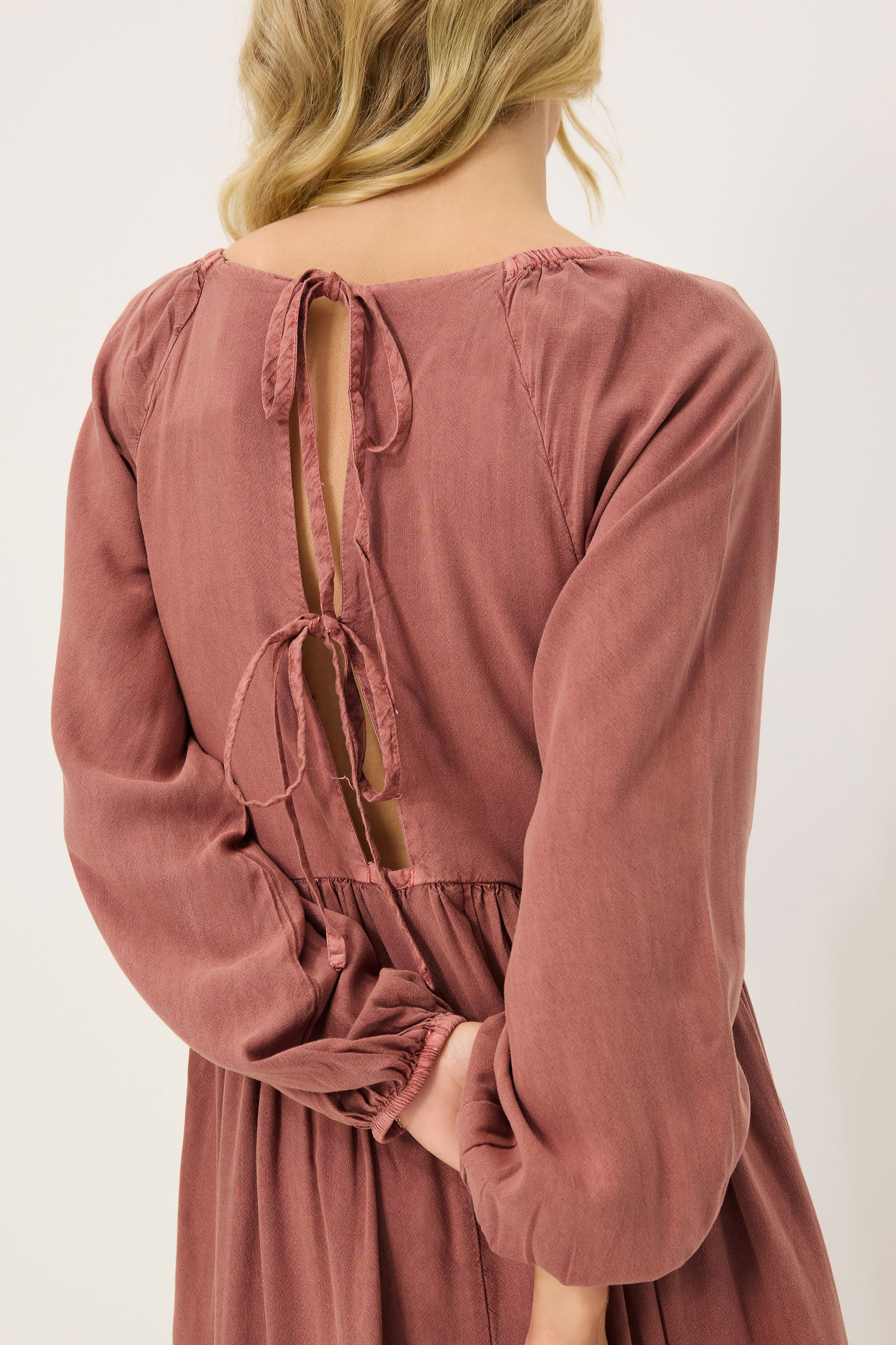 PixieGirl Petite Women's Pink Woven Tie Back Smock Dress | PixieGirl 4