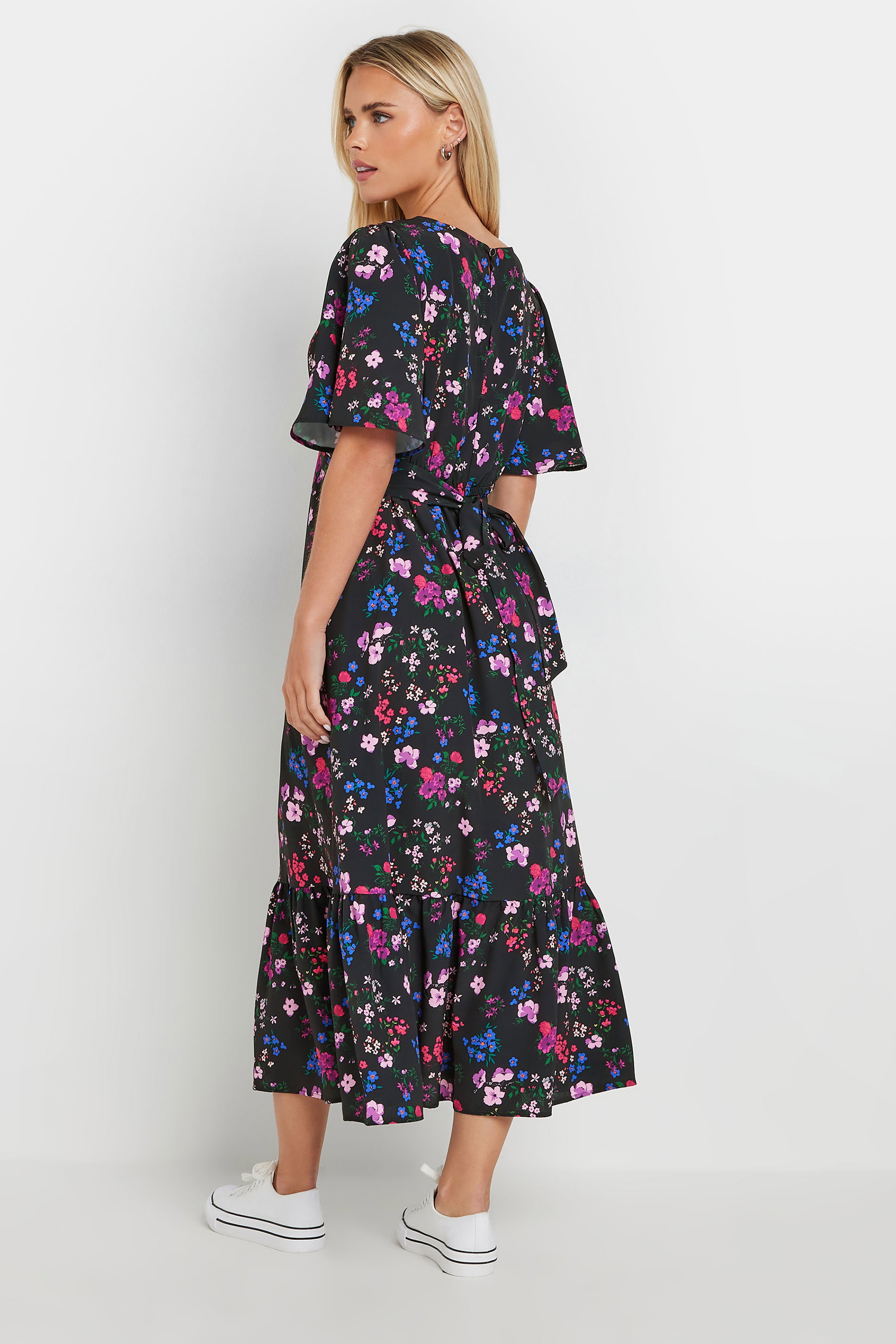 M&Co Petite Black Floral Print Flutter Sleeve Dress | M&Co 2