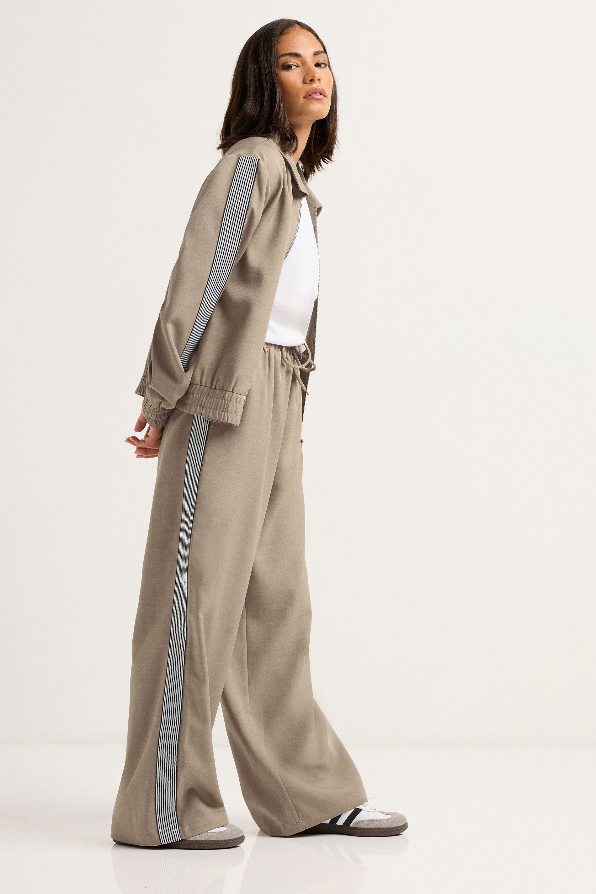 PixieGirl Petite Women's Beige Brown Side Stripe Wide Leg Trouser | PixieGirl 3