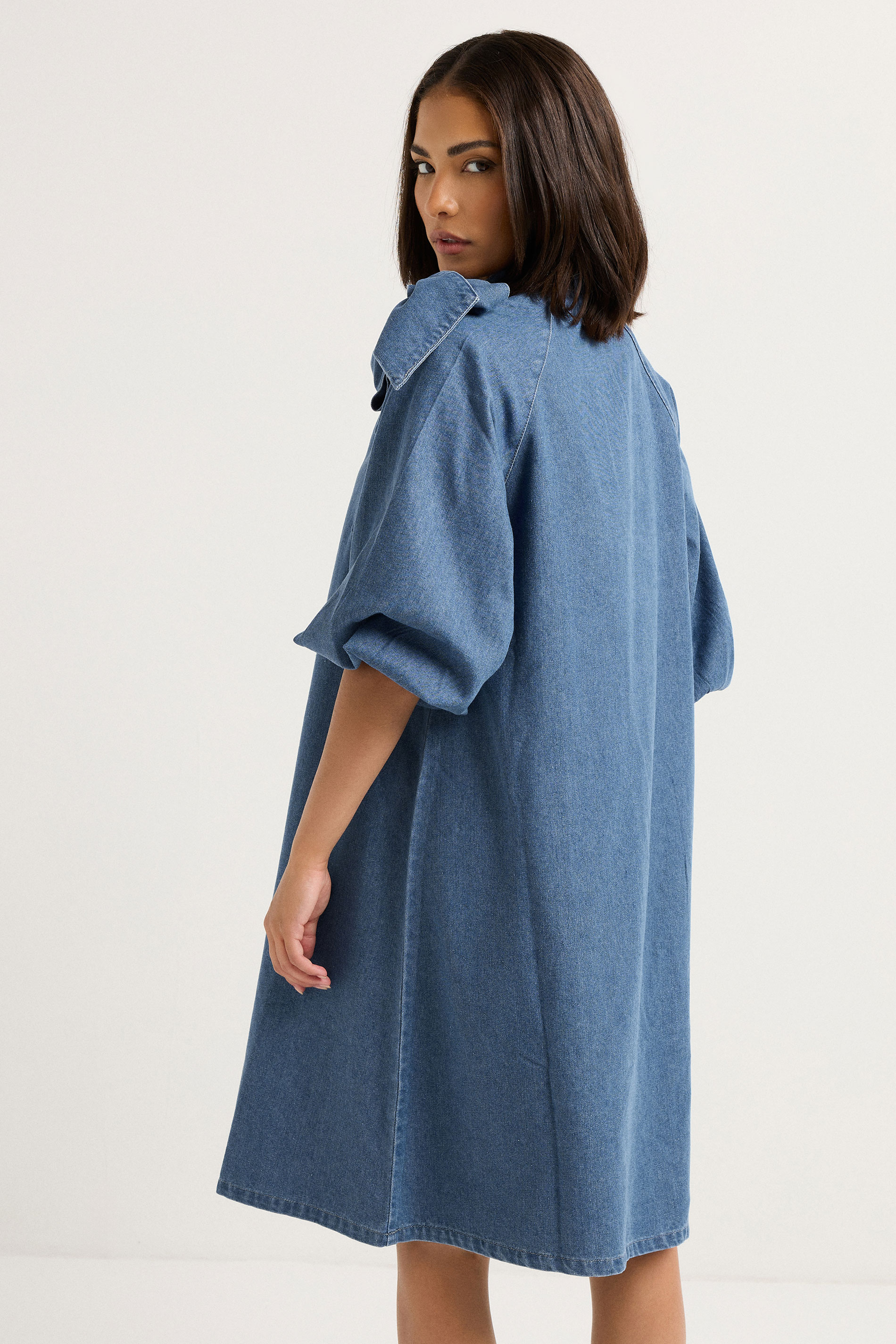 PixieGirl Petite Women's Blue Denim Tie Neck Dress | PixieGirl 4