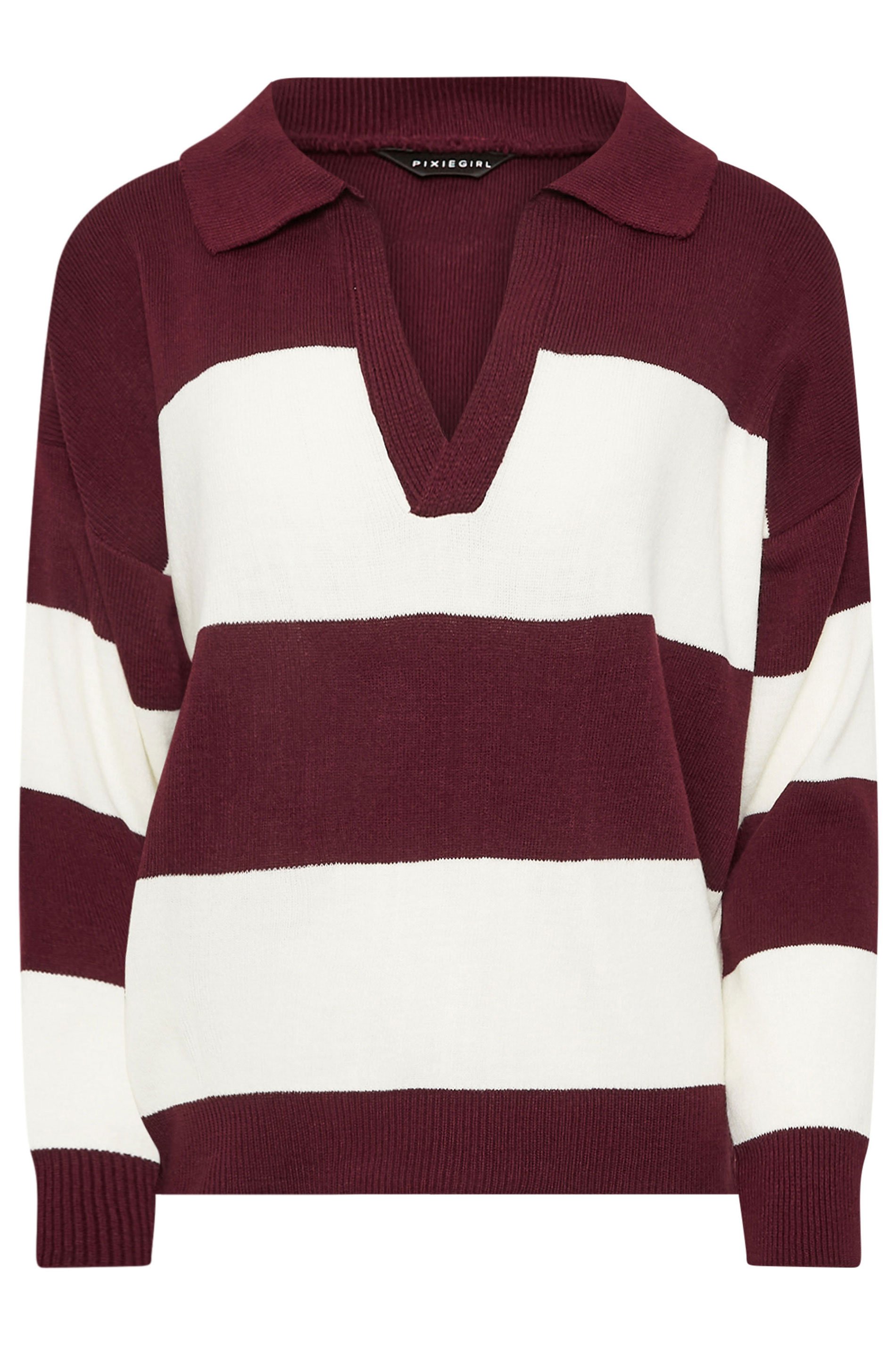 PixieGirl Petite Women's Burgundy Red Stripe Collared Knitted Jumper | PixieGirl 6