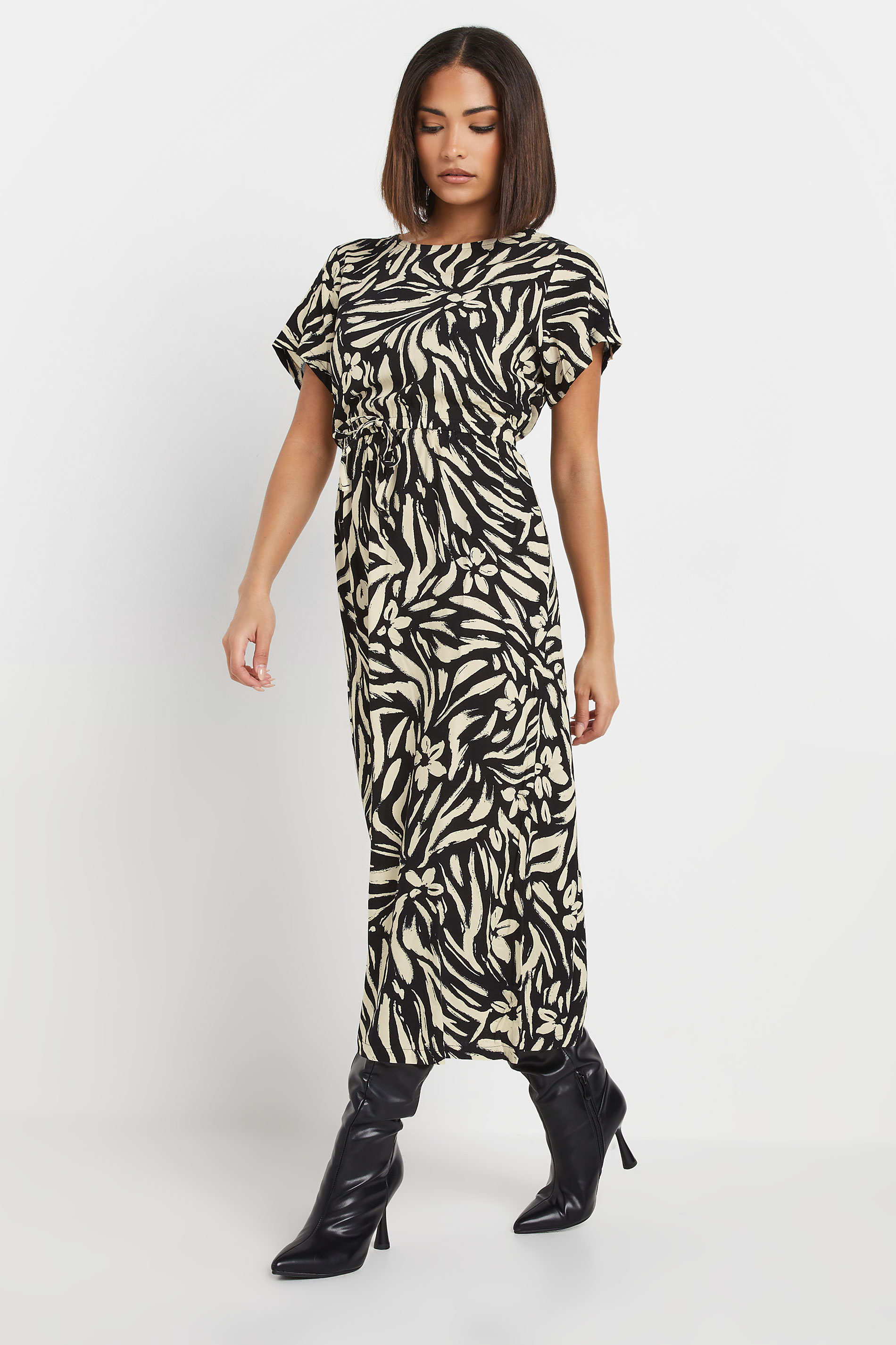 PixieGirl Petite Women's Black Abstract Print Tie Waist Midi Dress | PixieGirl  2