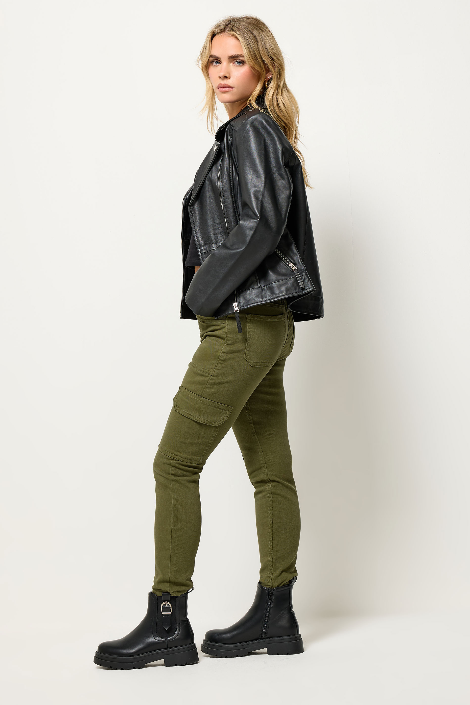 PixieGirl Petite Womens Khaki Green Pocket Detail Cargo Skinny Jeans | PixieGirl 2