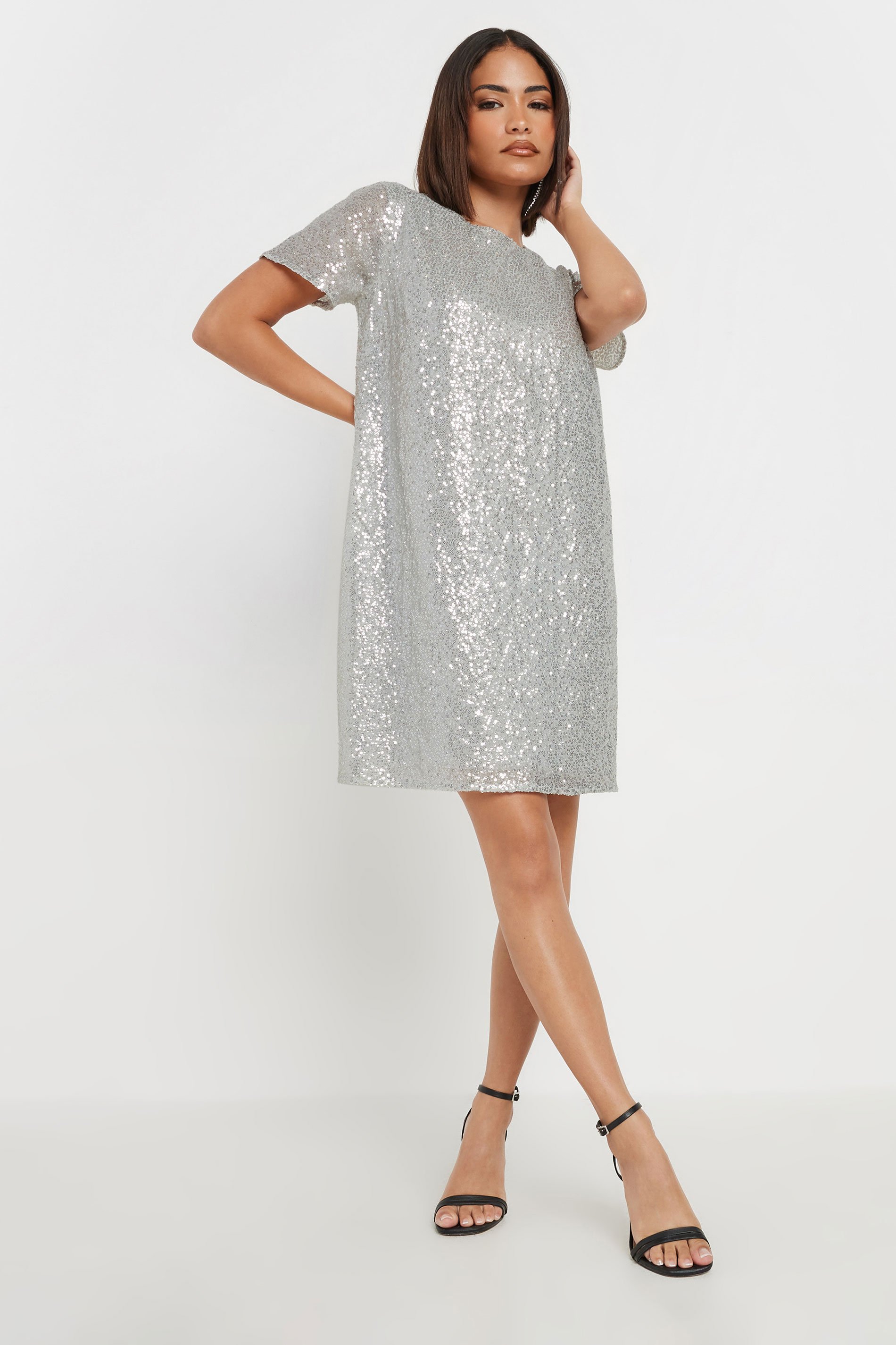 PixieGirl Petite Women's Silver Sequin Embellished T-Shirt Dress | PixieGirl 3