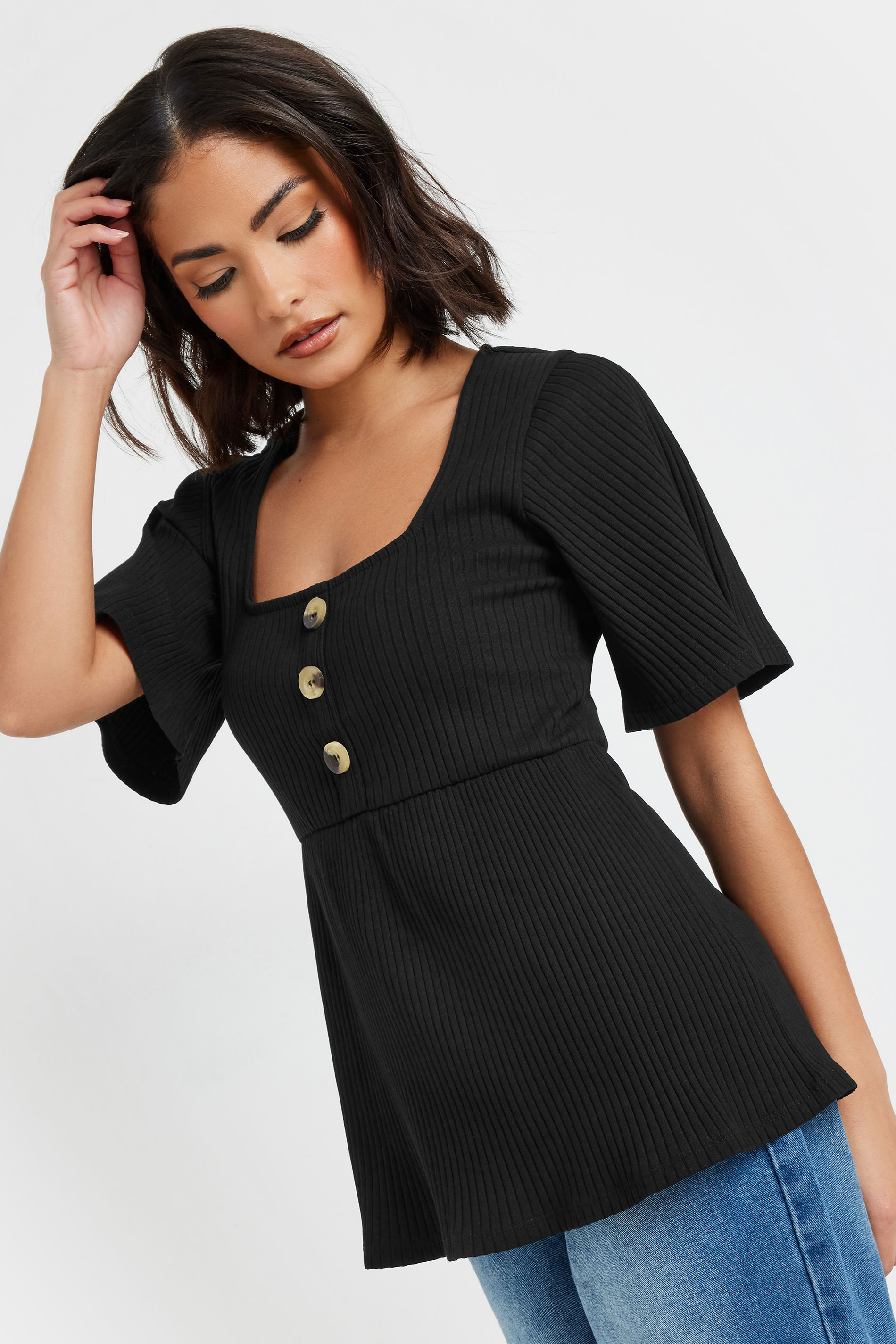 PixieGirl Petite Women's Black Ribbed Smock Top | PixieGirl 1