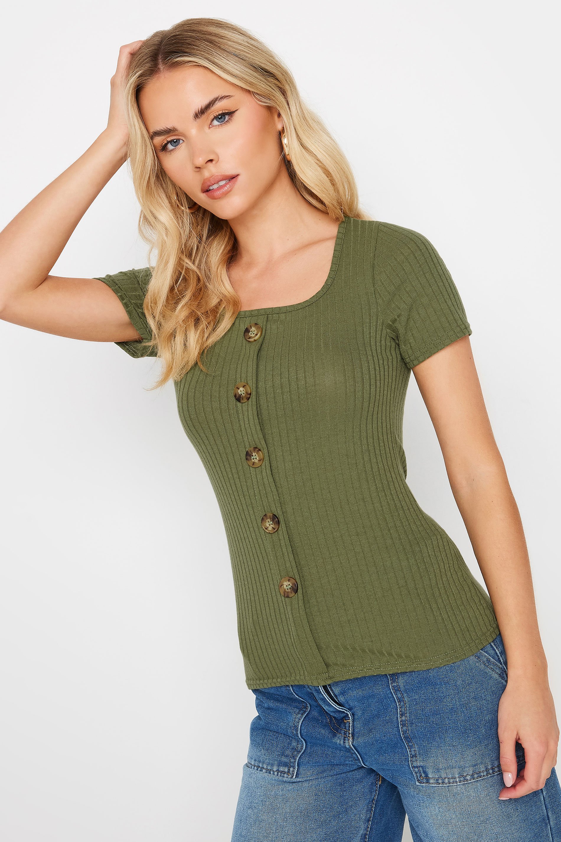 PixieGirl Khaki Green Ribbed Button T-Shirt | PixieGirl  1