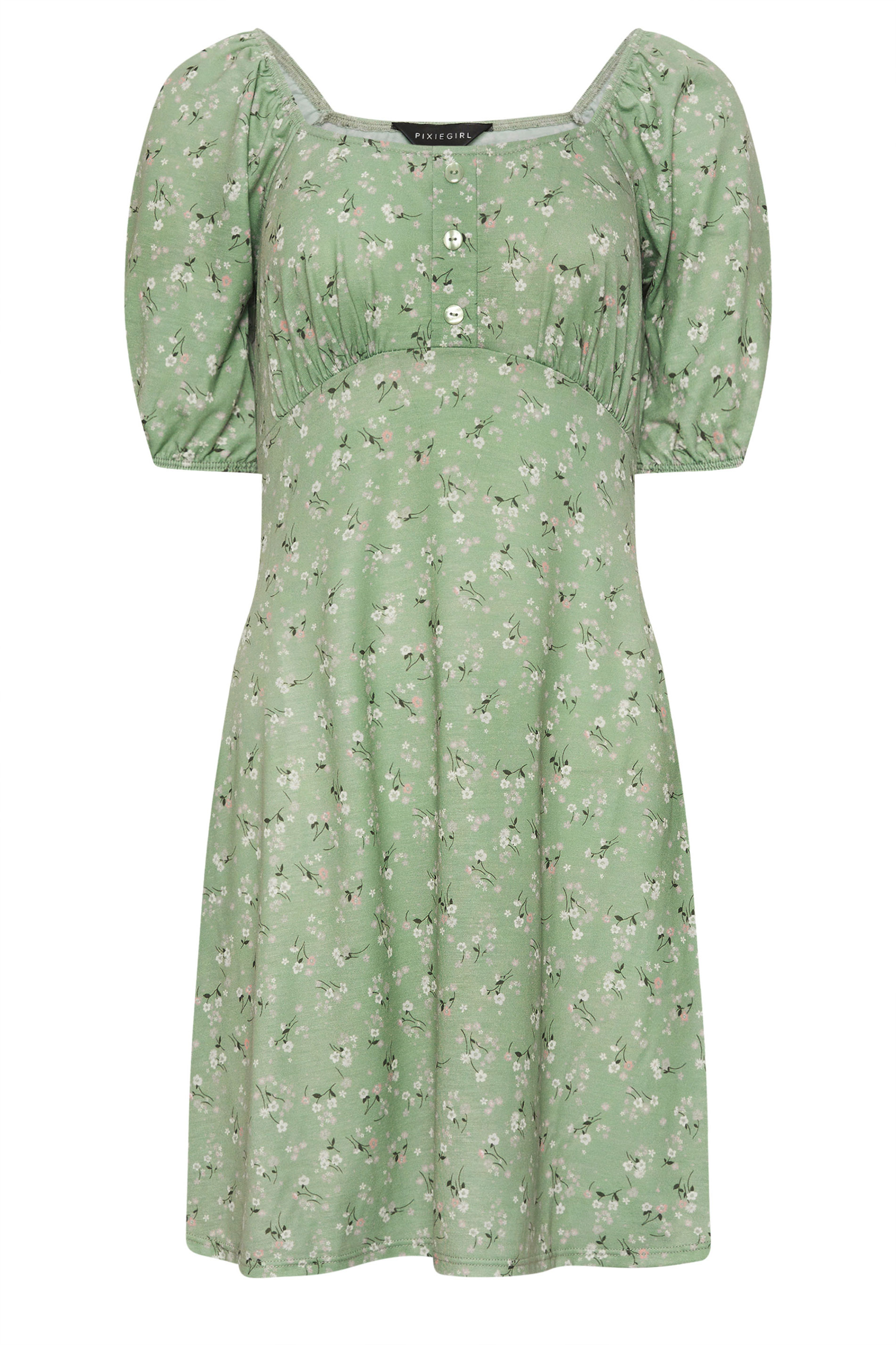 PixieGirl Petite Women's Sage Green Ditsy Floral Print Mini Dress | PixieGirl 5