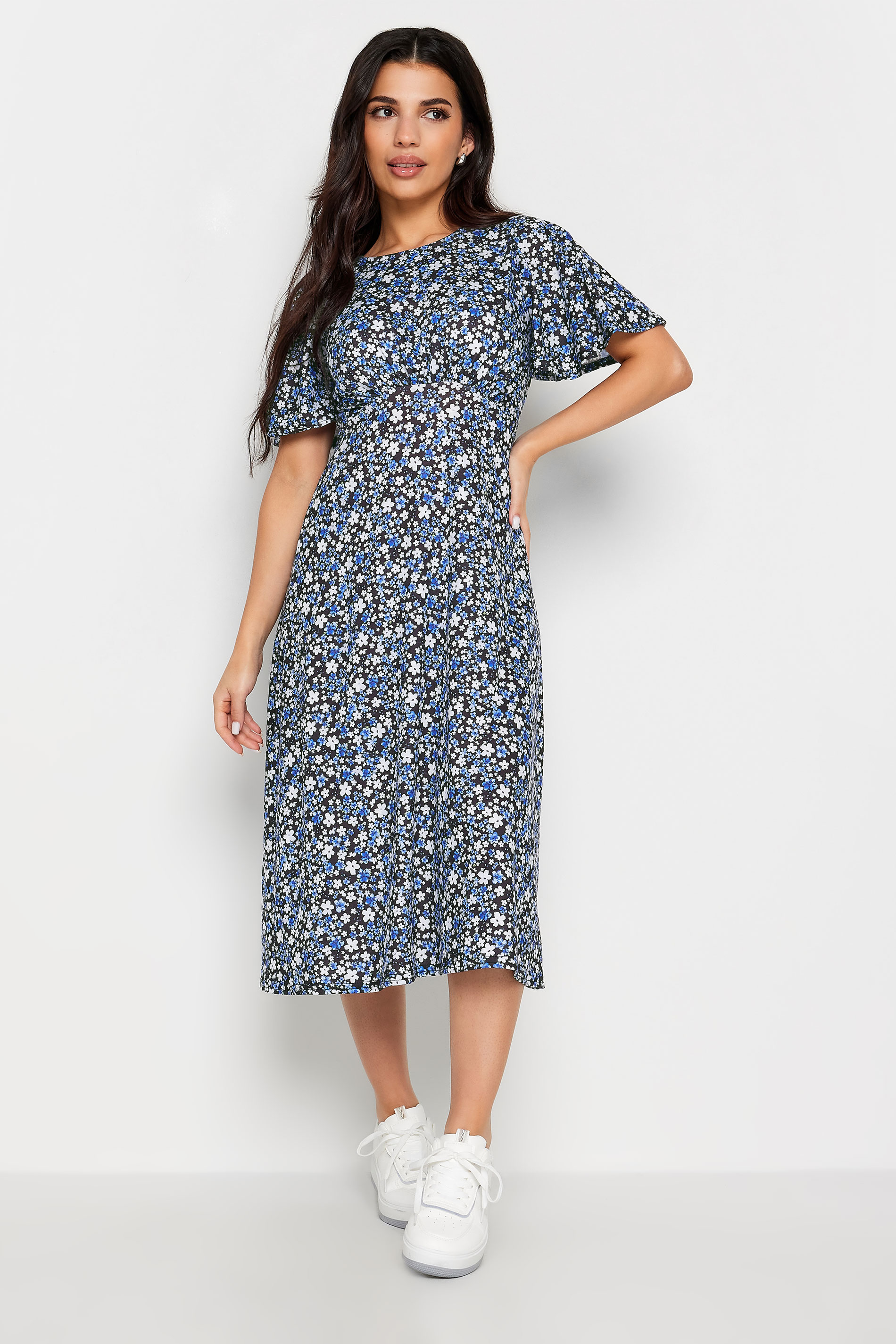 PixieGirl Petite Womens Blue & Black Ditsy Floral Print Midi Dress | PixieGirl 1