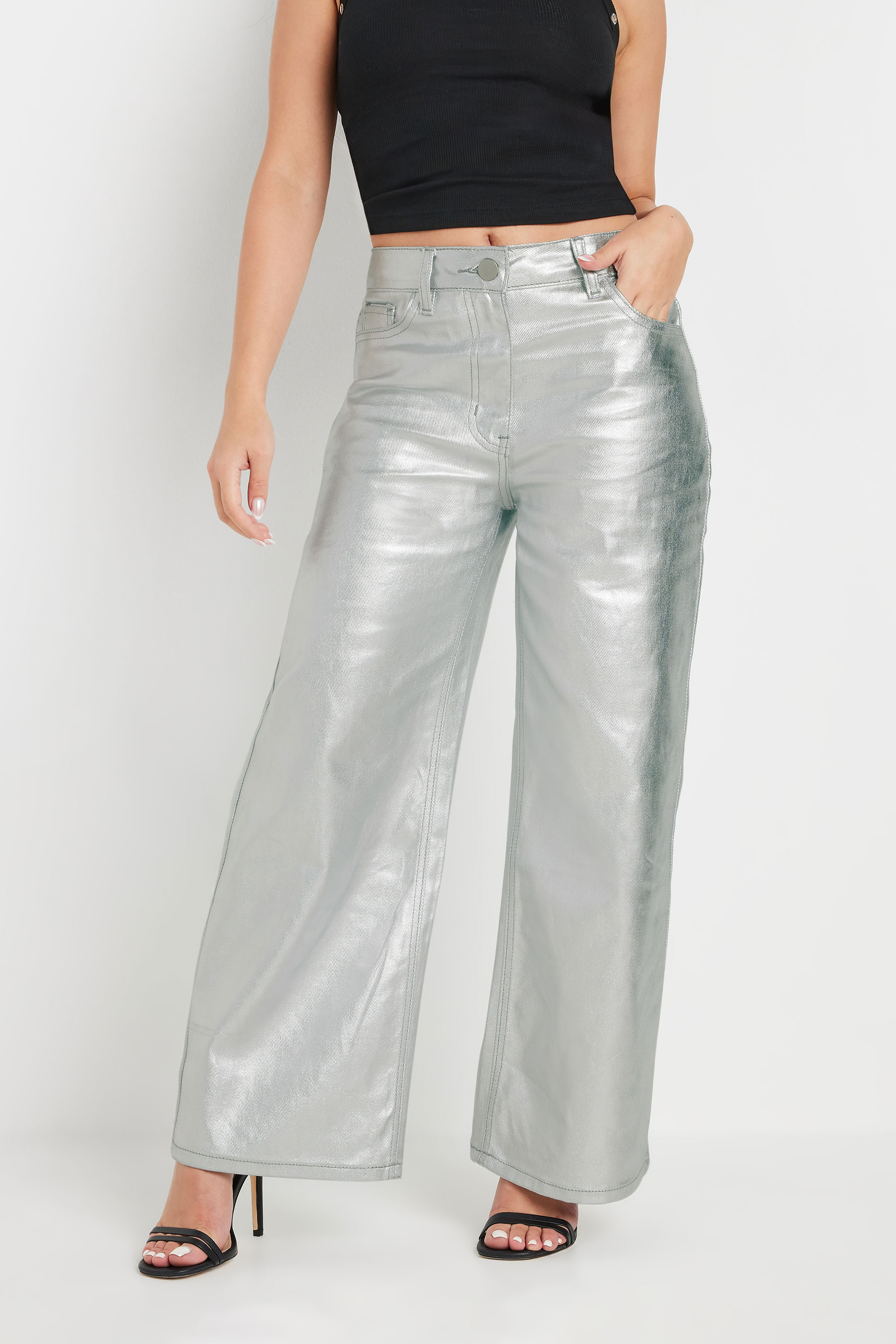 PixieGirl Petite Women's Silver Non-Stretch Metallic Wide Leg Jeans | PixieGirl 4