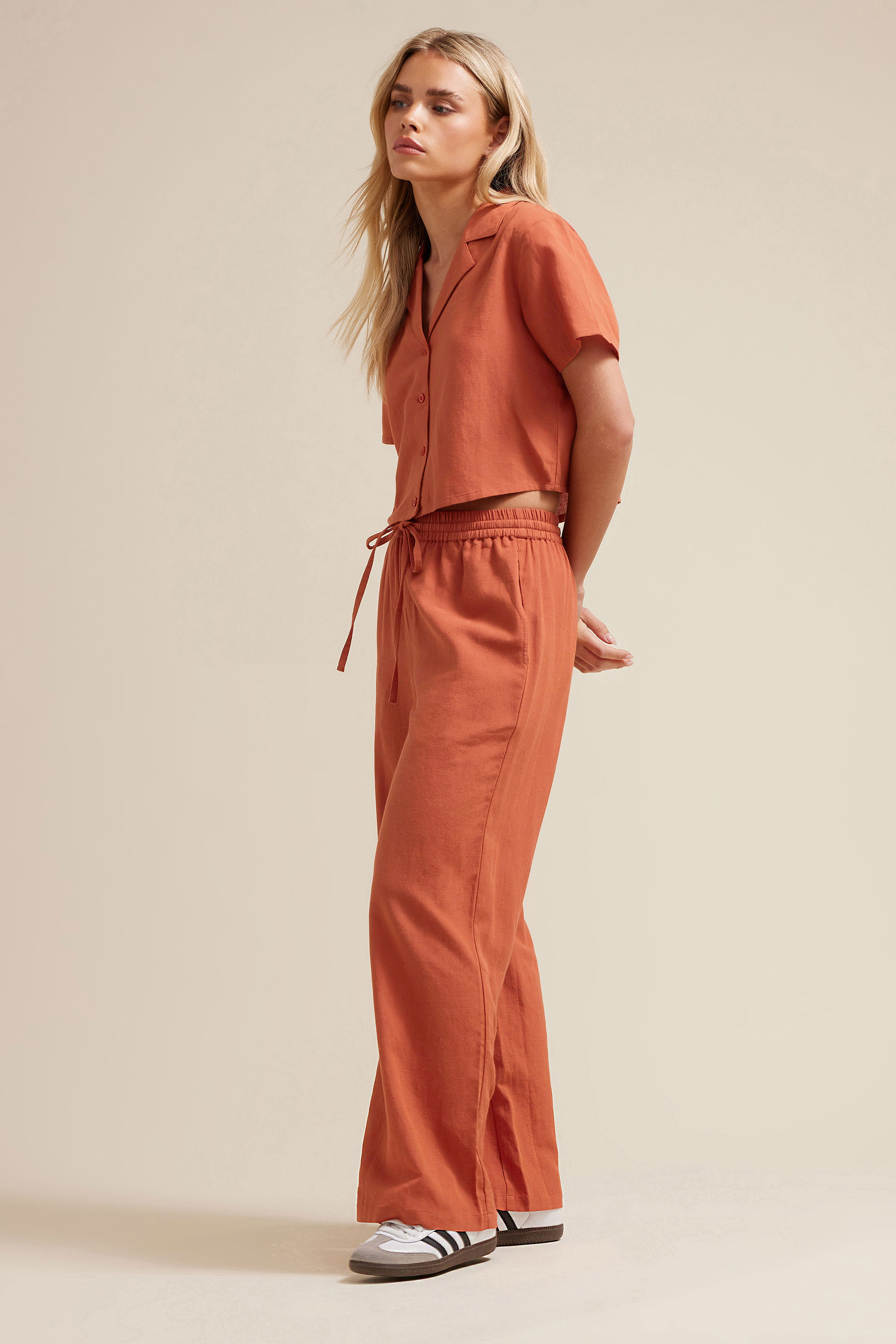 PixieGirl Petite Women's Rust Orange Linen Drawstring Wide Leg Trousers | PixieGirl 5