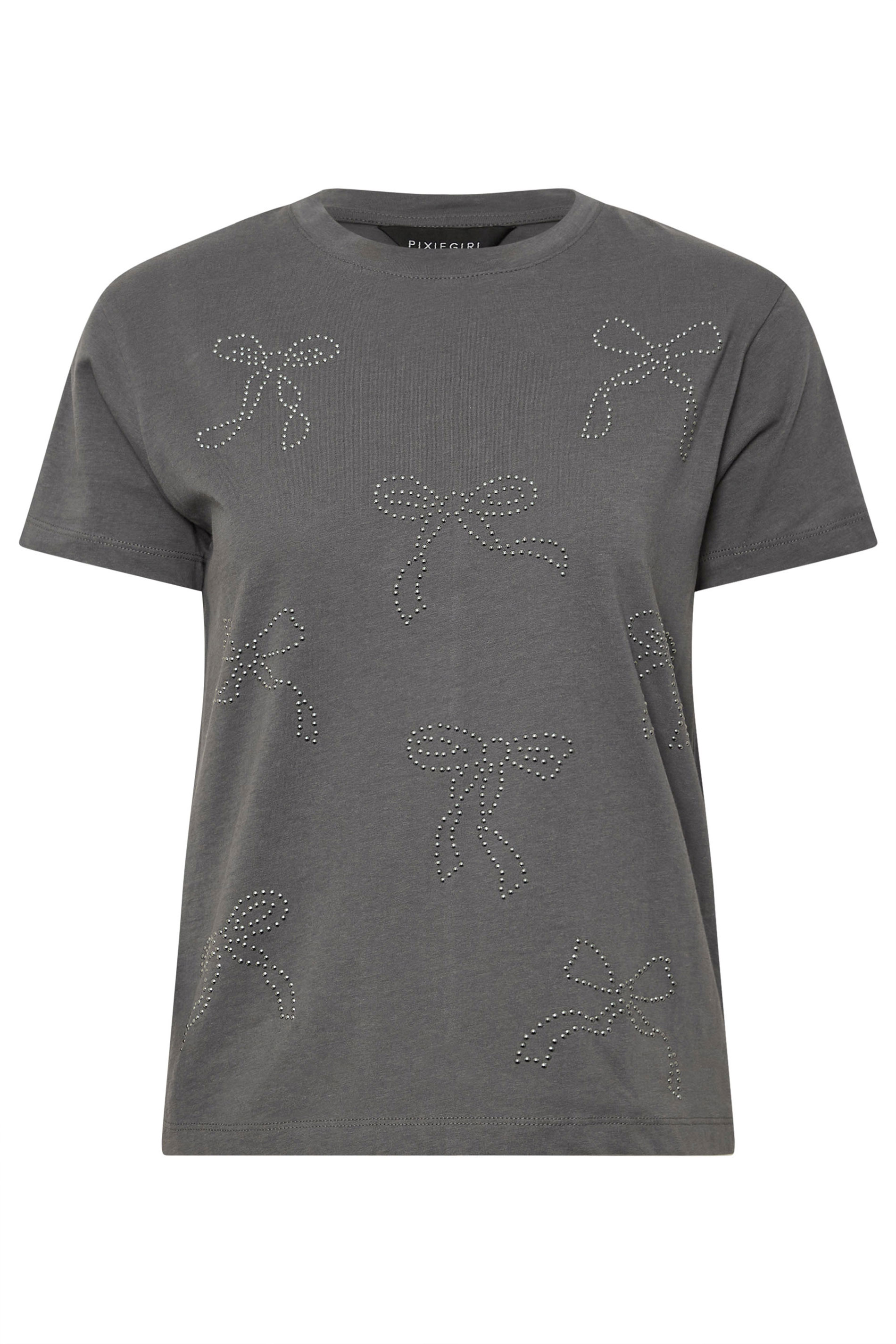 PixieGirl Petite Women's Charcoal Grey Bow Studded T-Shirt | PixieGirl 6