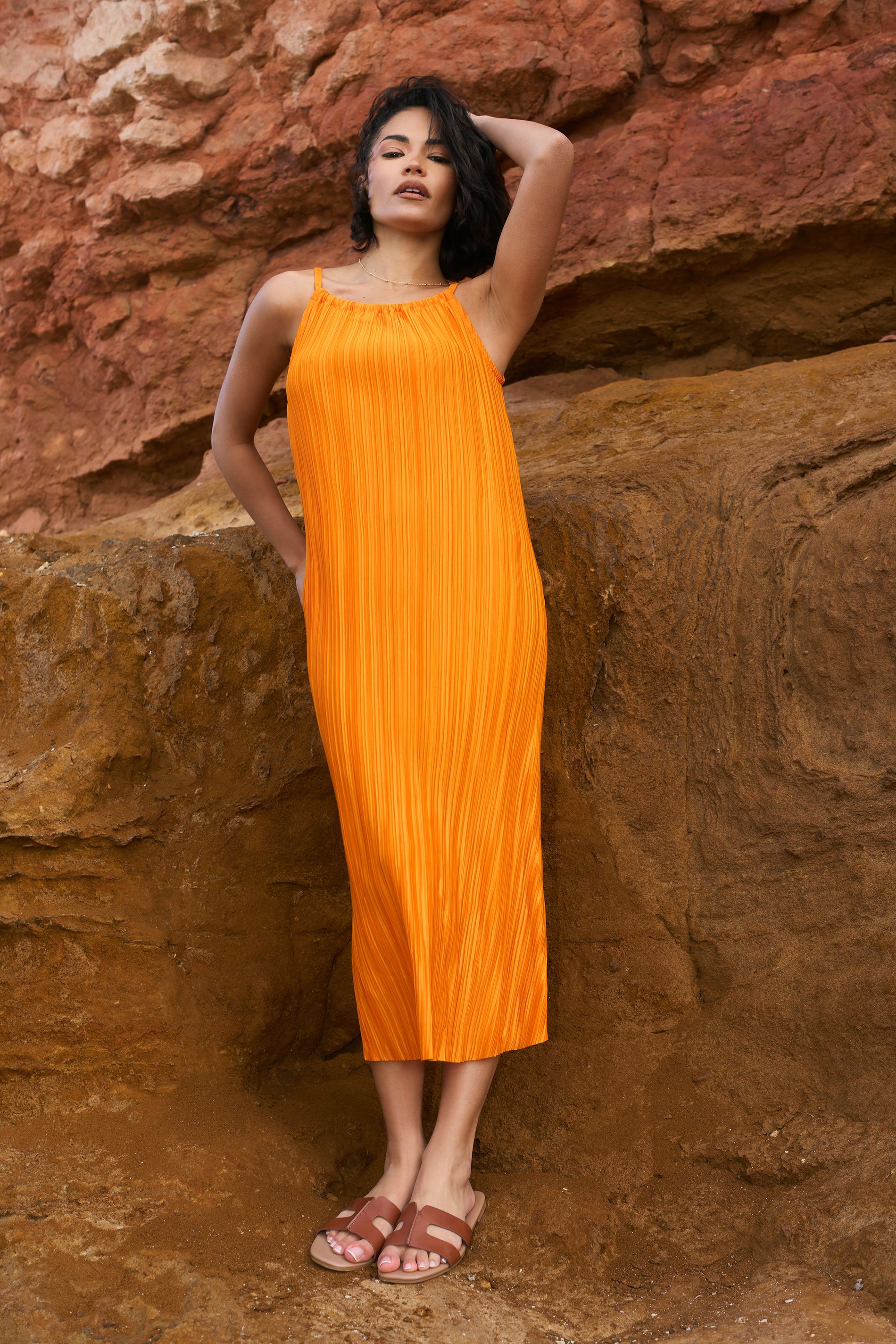 PixieGirl Petite Women's Orange Plisse Midi Dress | PixieGirl 2