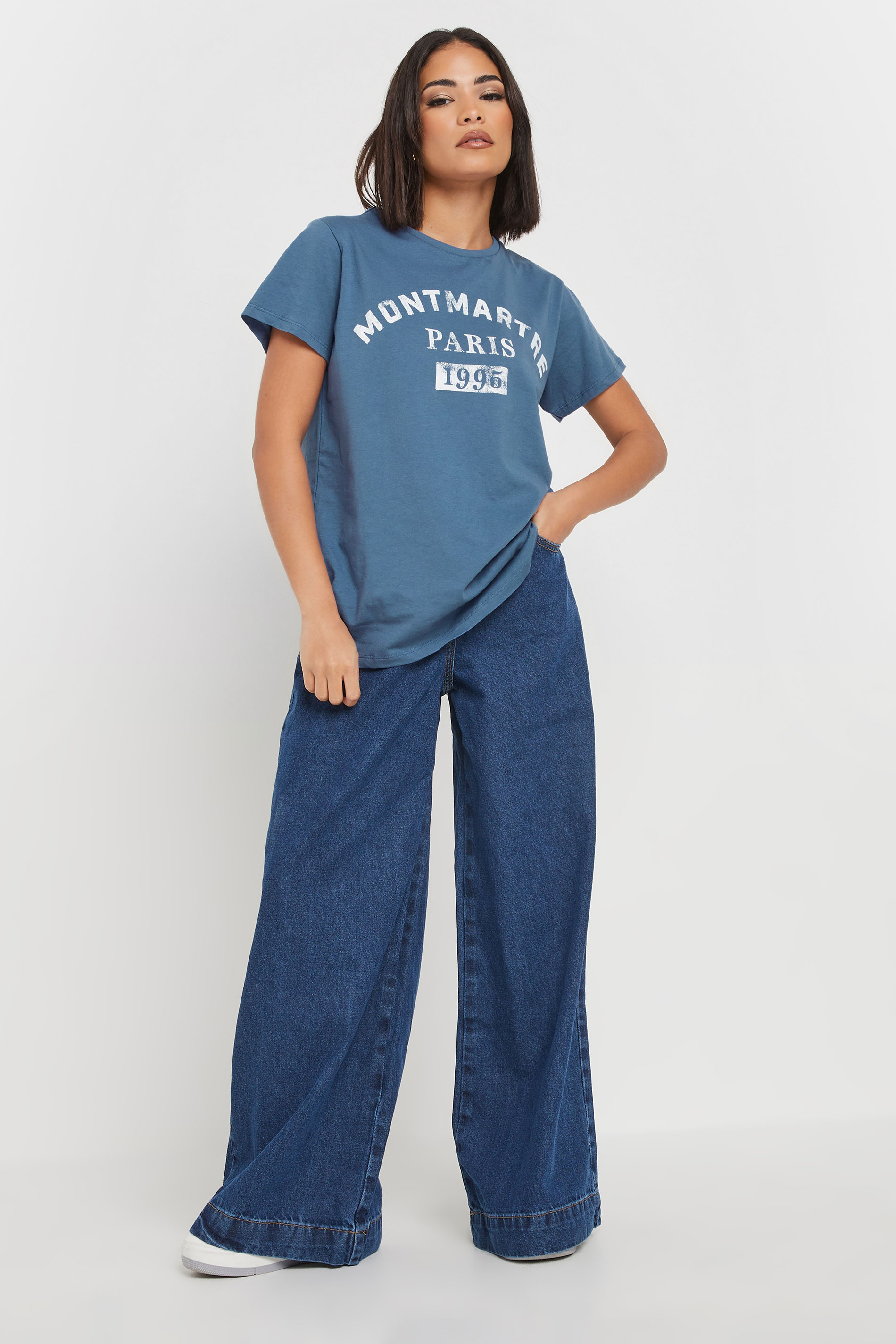 PixieGirl Petite Women's Blue Acid Wash Slogan T-Shirt | PixieGirl 3