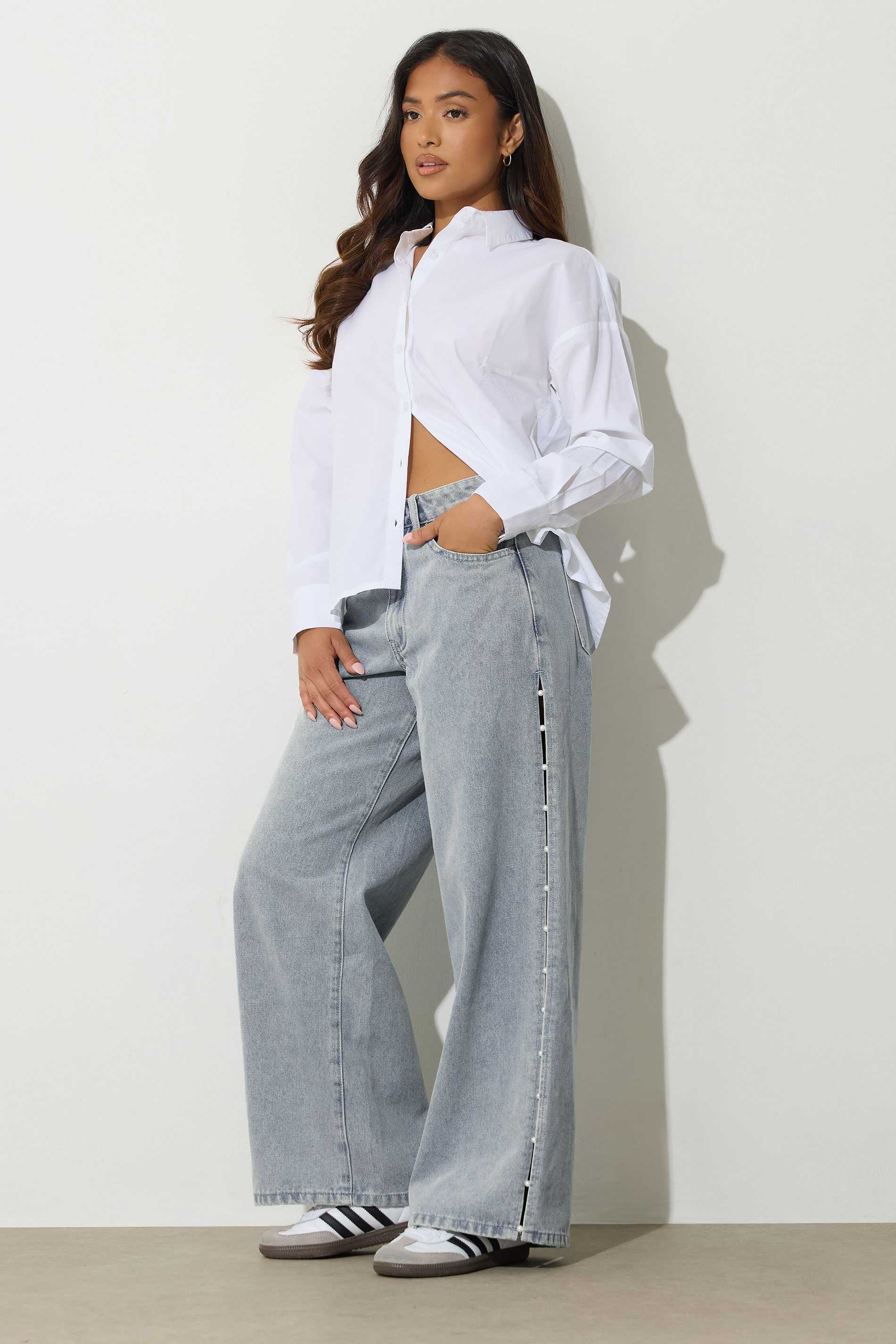 PixieGirl Petite Women's Light Blue Non-Stretch Pearl Detail Jeans | PixieGirl 1