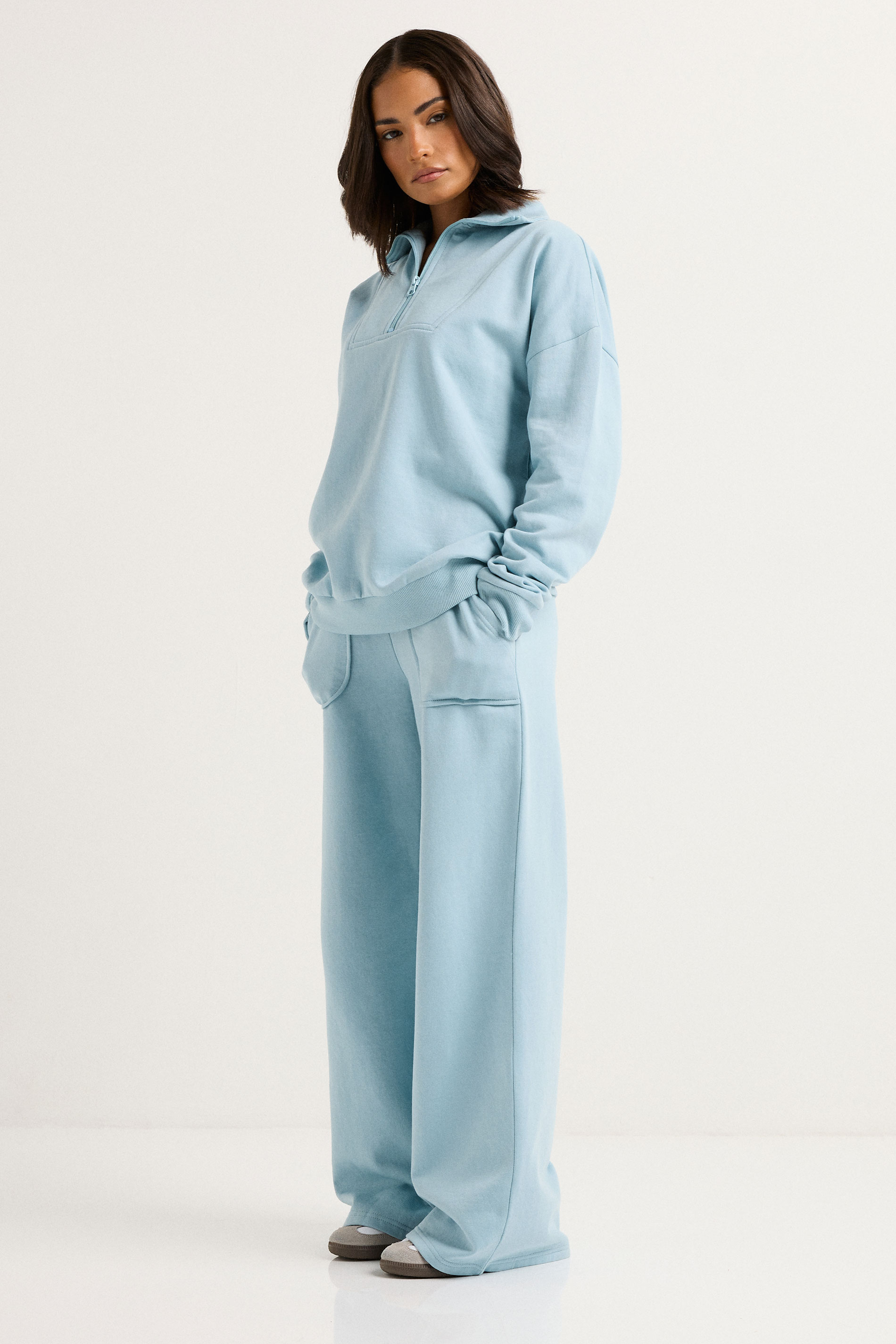 PixieGirl Petite Women's Light Blue Pocket Patch Wide Leg Joggers | PixieGirl 2