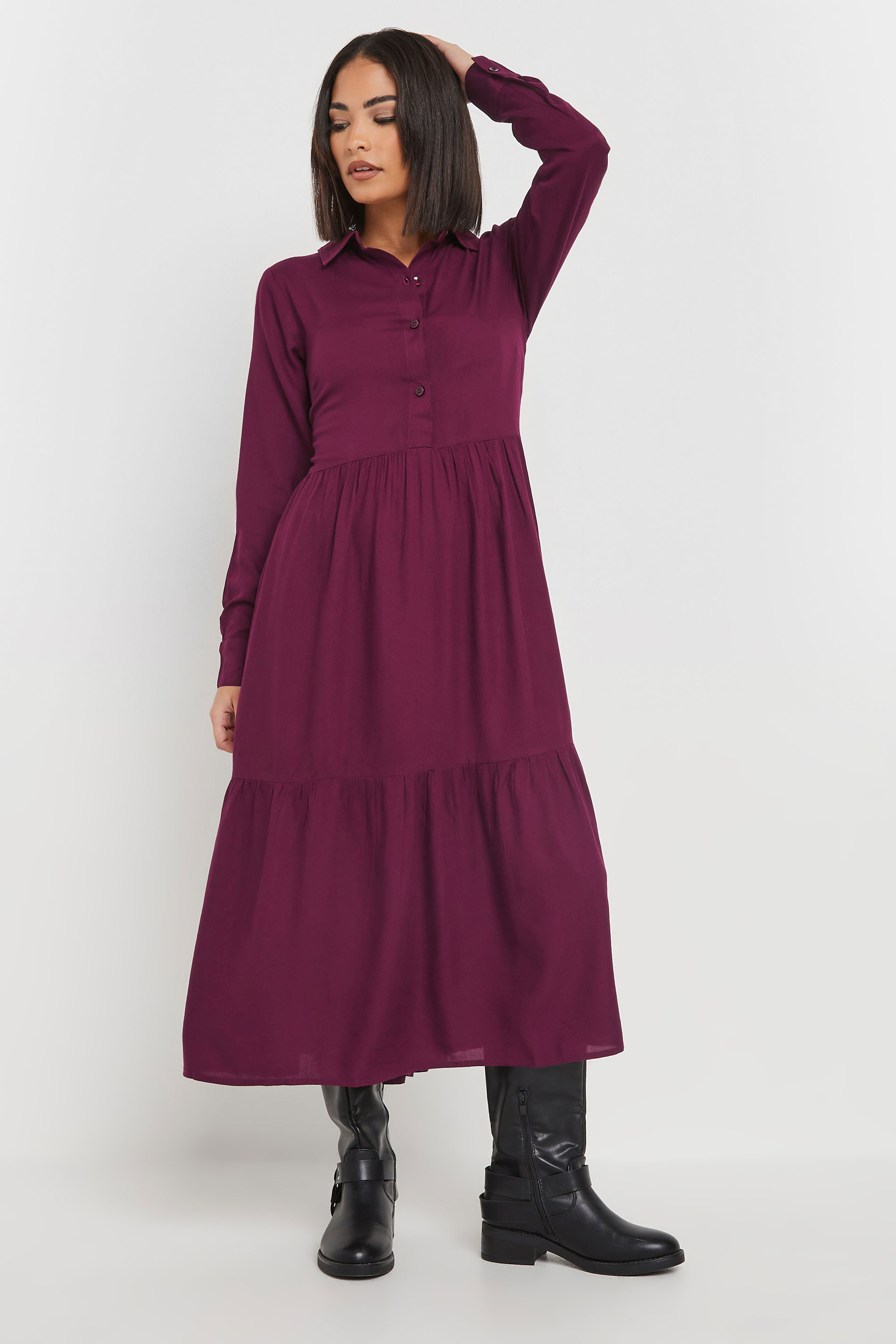 PixieGirl Petite Women's Burgundy Red Sleeved Smock Dress | PixieGirl 2