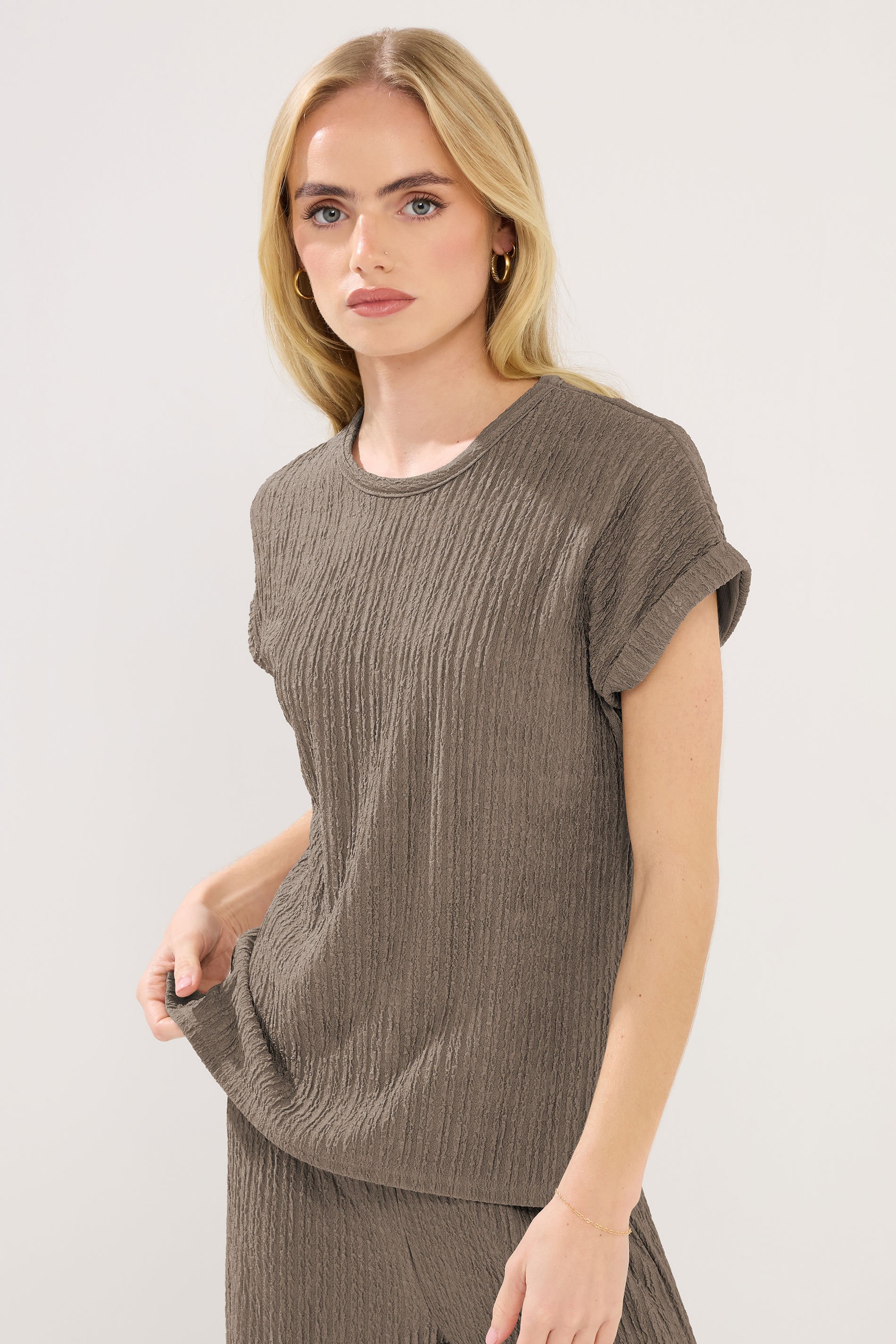 PixieGirl Petite Mocha Brown Textured Short Sleeve Top | PixieGirl 1