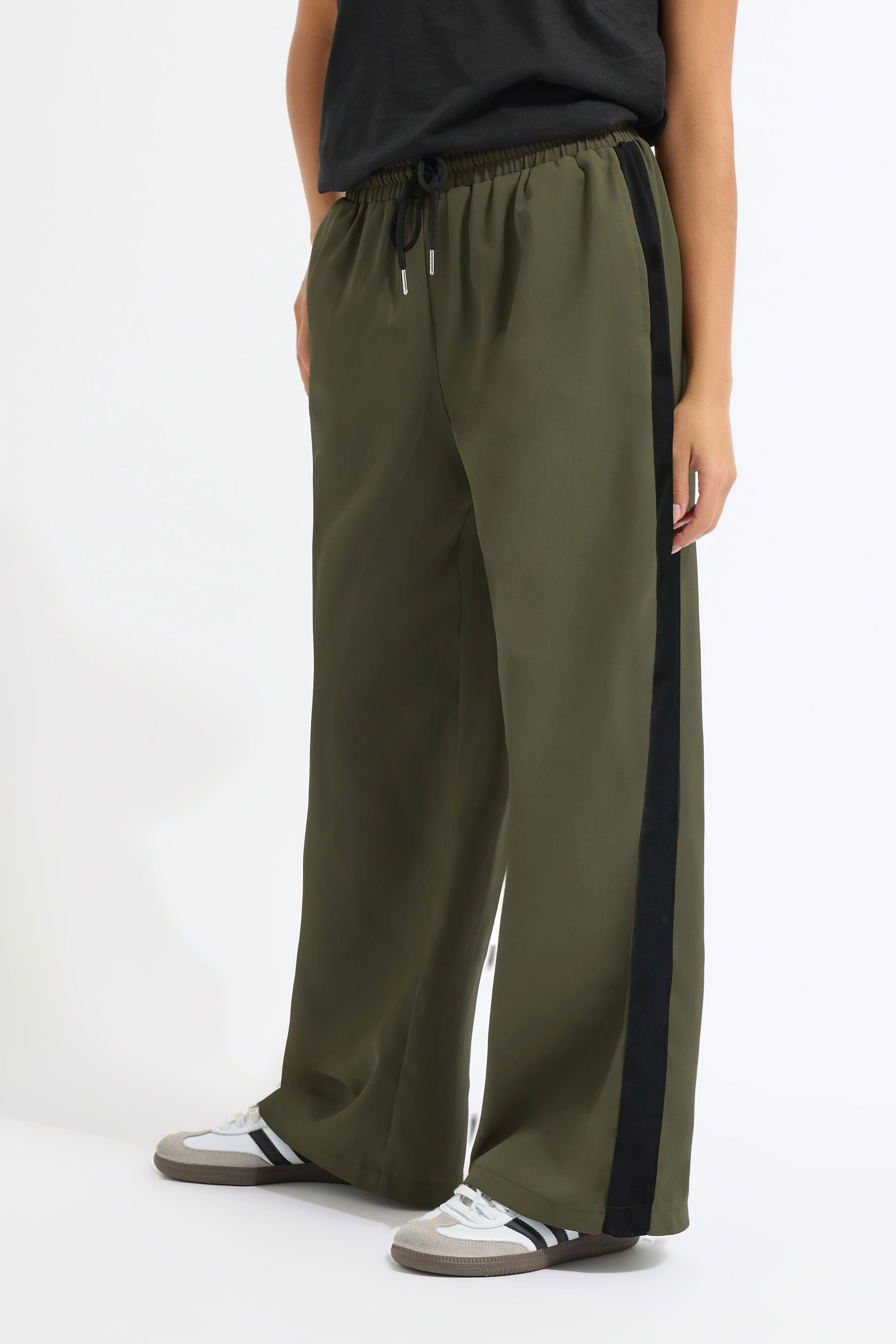 PixieGirl Petite Women's Khaki Green Striped Wide Leg Trousers | PixieGirl 2