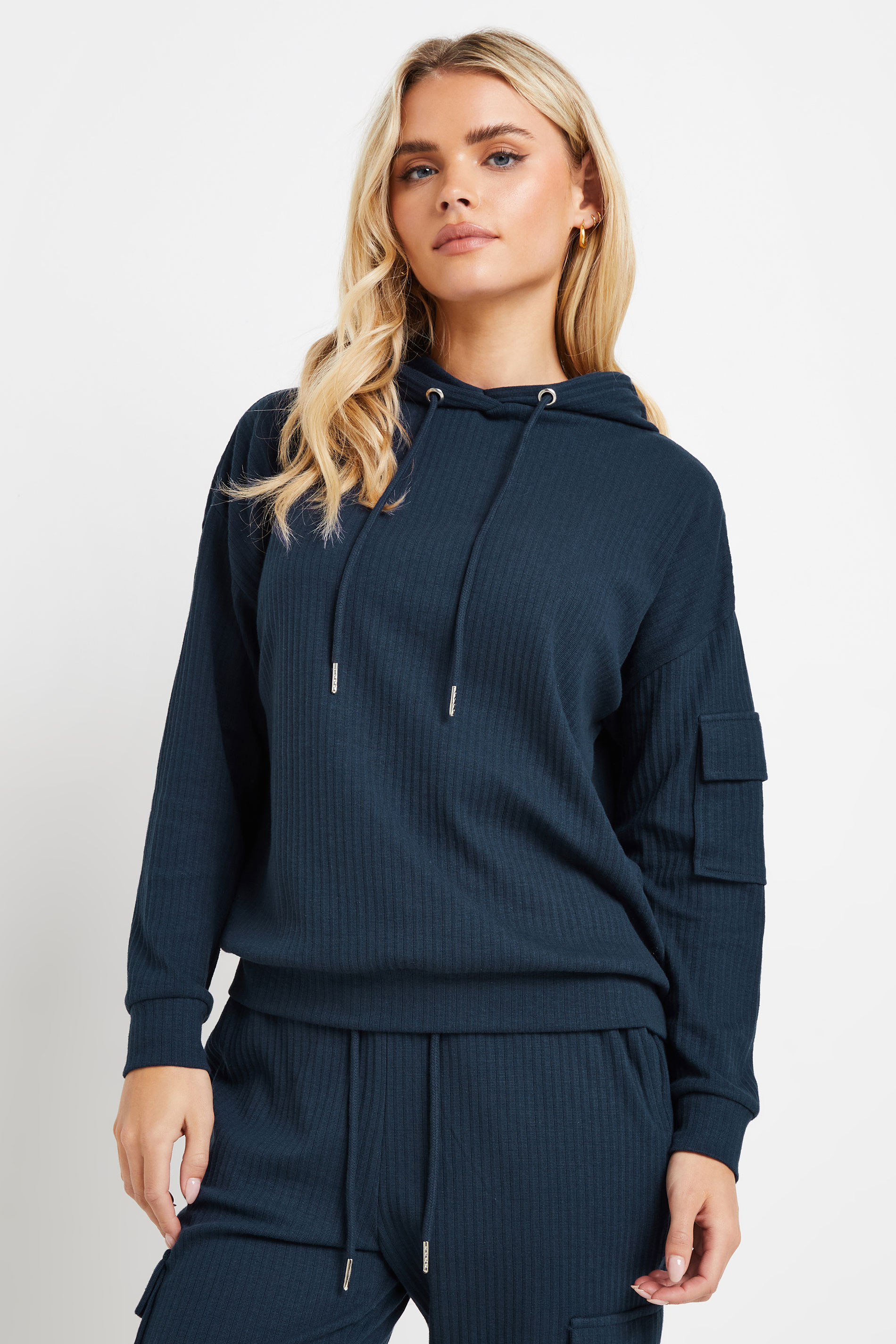 PixieGirl Petite Women's Navy Blue Ribbed Cargo Pocket Hoodie | PixieGirl 3