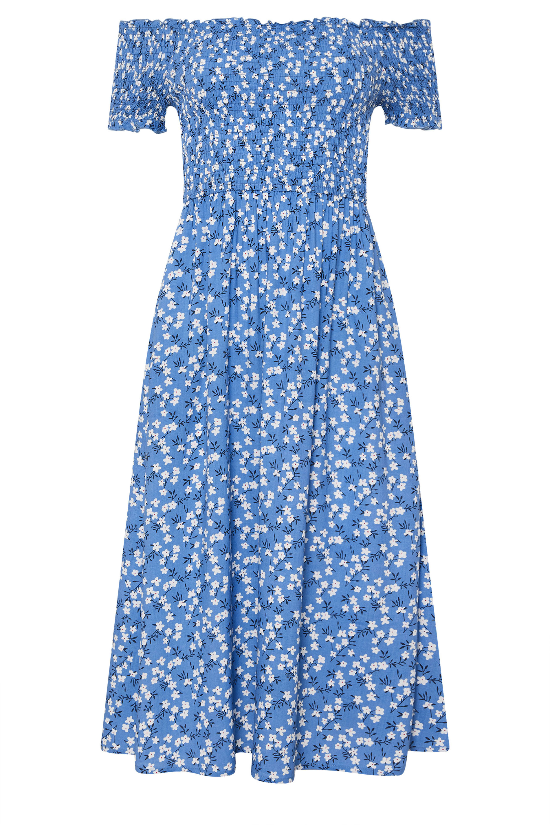 PixieGirl Petite Women's Blue Ditsy Floral Bardot Midi Dress | PixieGirl 5