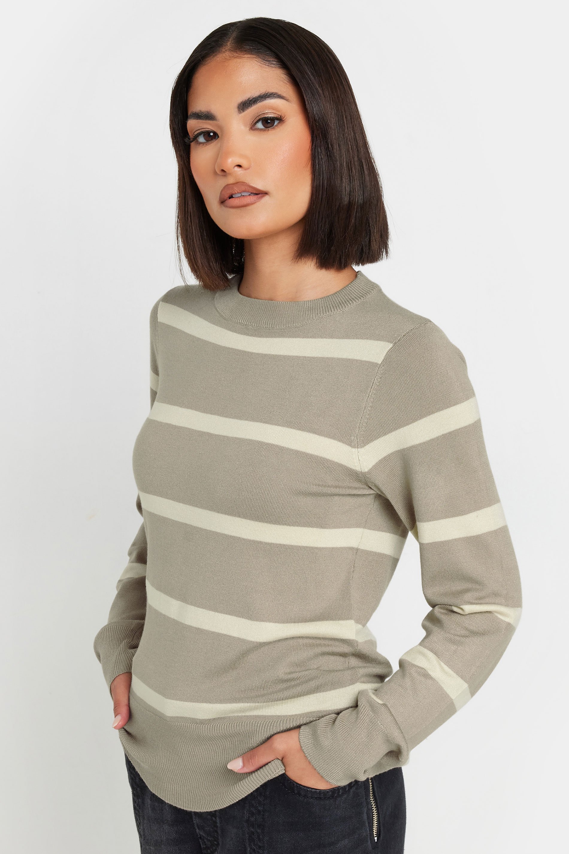 PixieGirl Petite Womens Beige Brown Stripe Jumper | PixieGirl 1