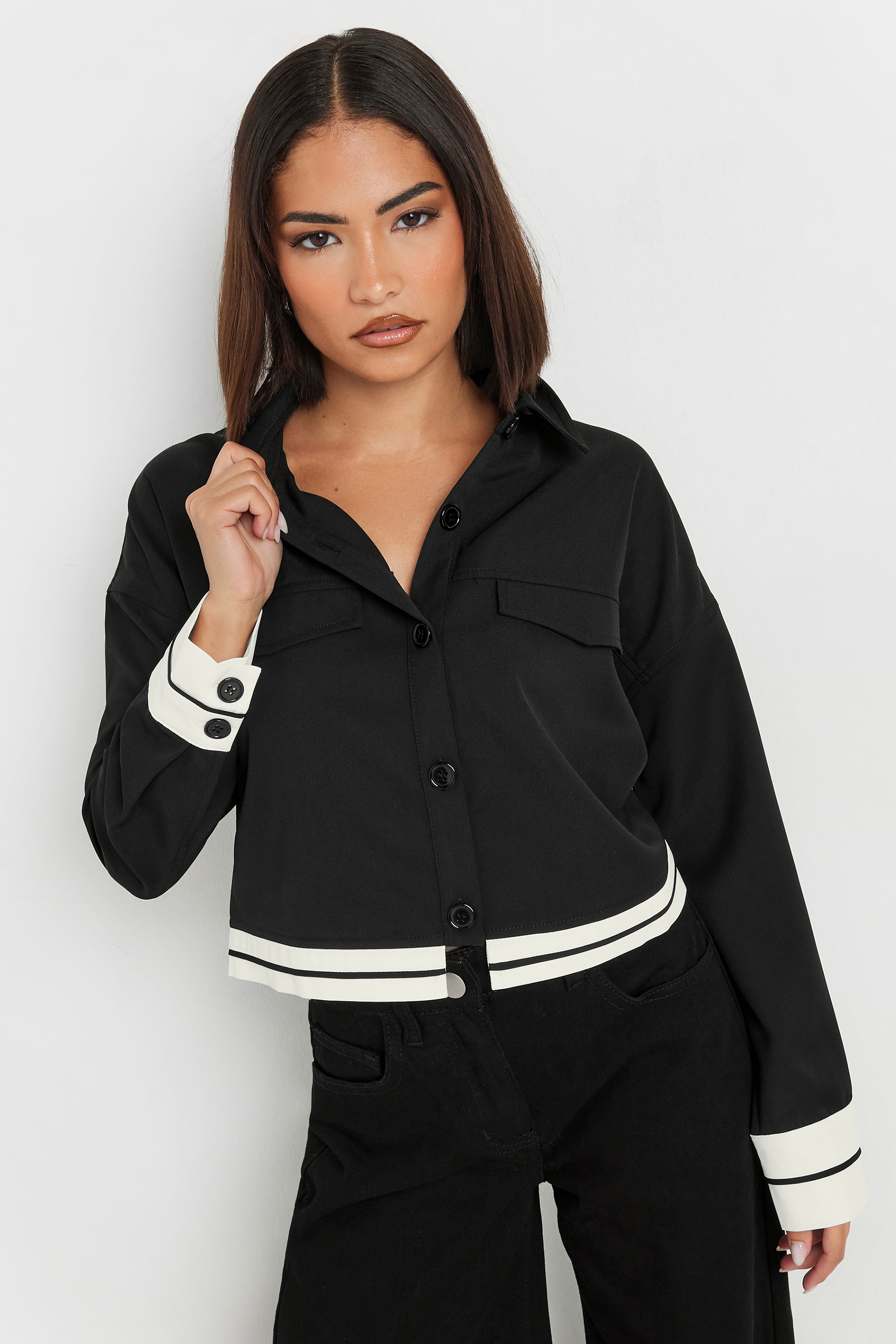 PixieGirl Petite Women's Black Contrast Hemline Cropped Shirt | PixieGirl 1