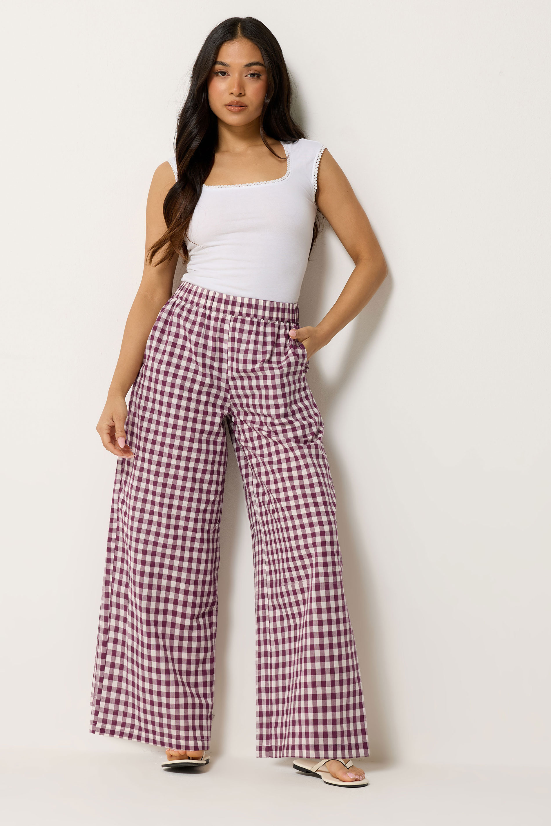 Pixiegirl Women's Red Petite Burgundy Gingham Cotton Wide Leg Trousers Size Petite > 12