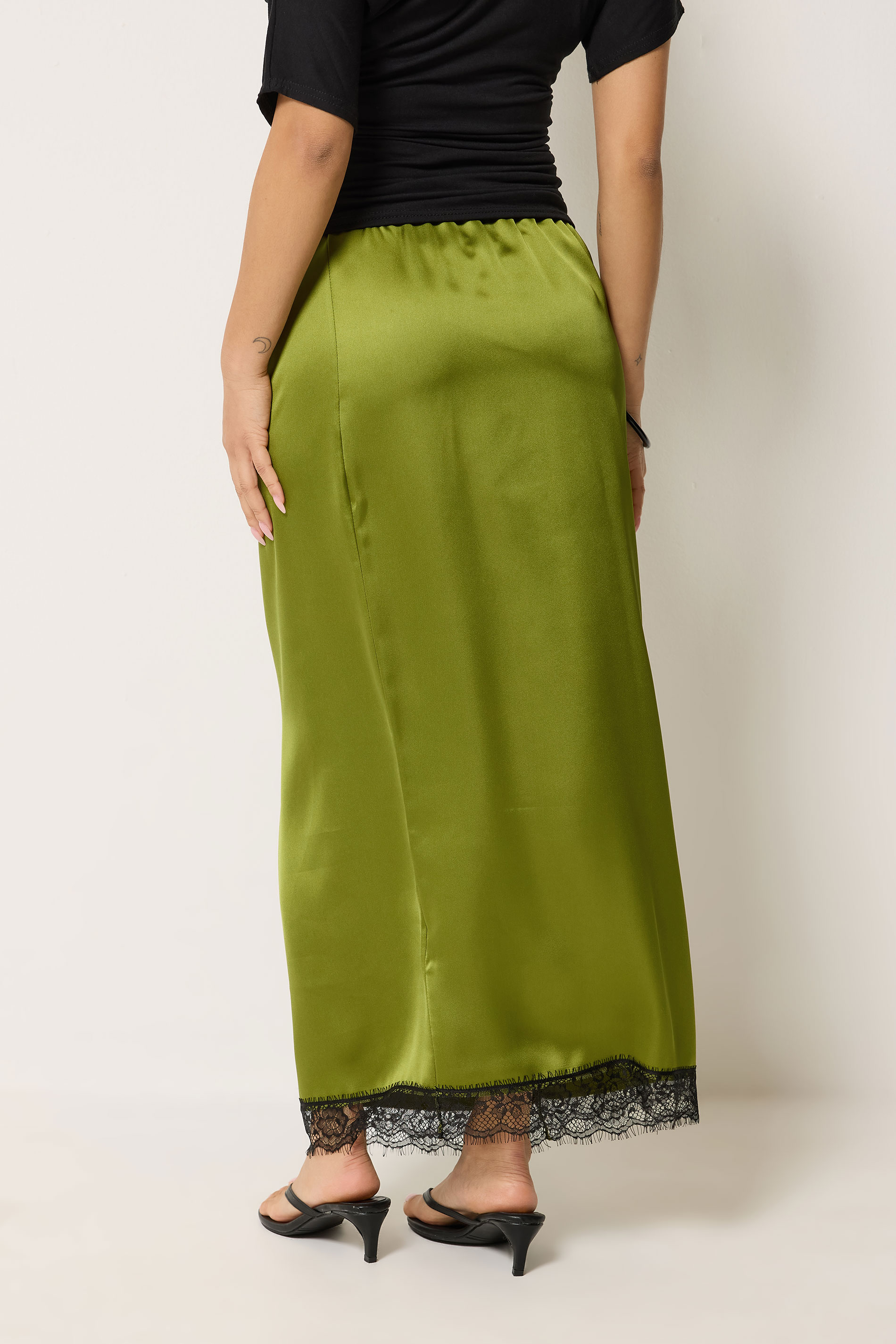 PixieGirl Petite Women's Olive Green Lace Hem Satin Maxi Skirt | PixieGirl 2