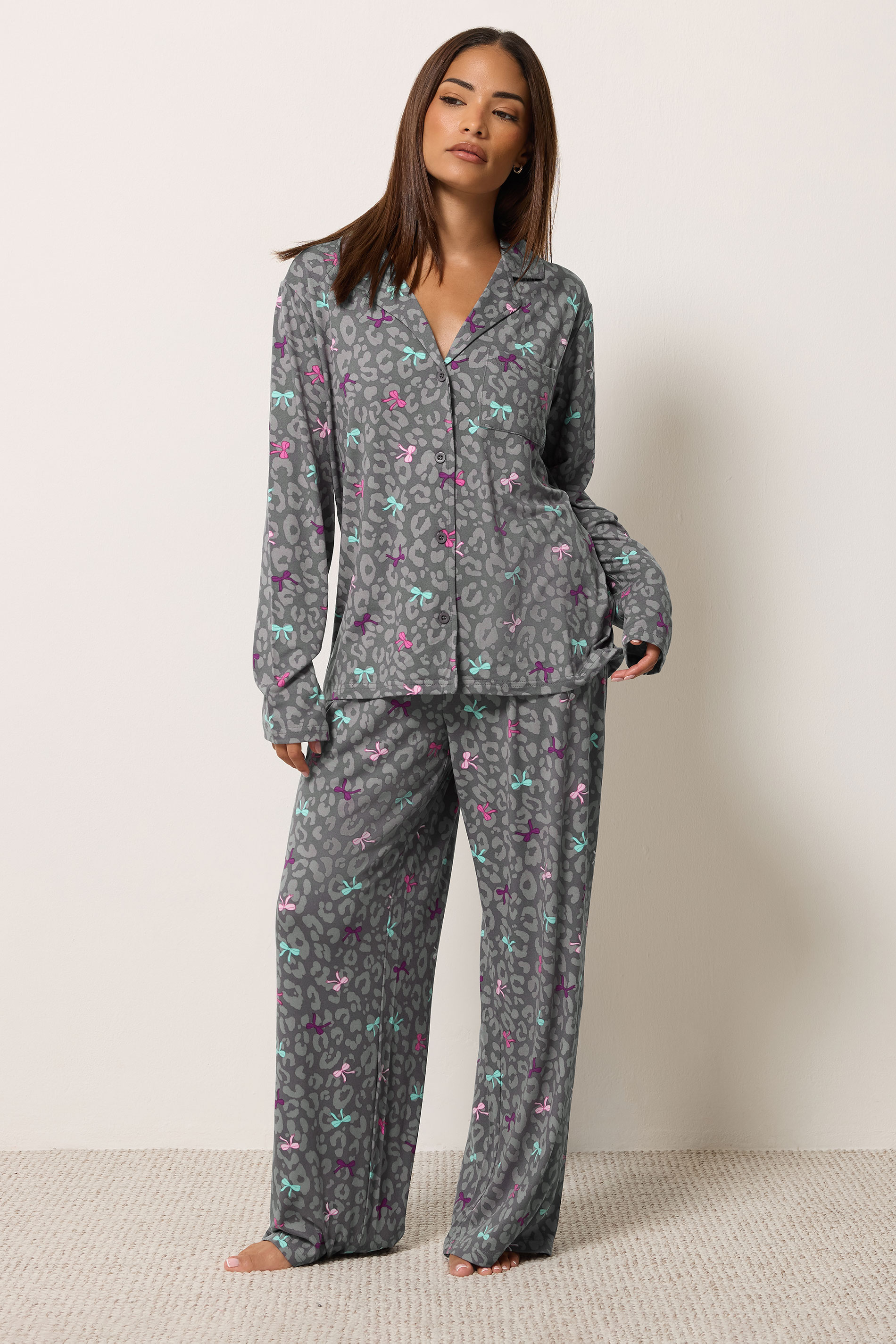 Pixiegirl Women's Grey Petite Set Bows Soft Touch Long Sleeve Pyjamas Size 16-18