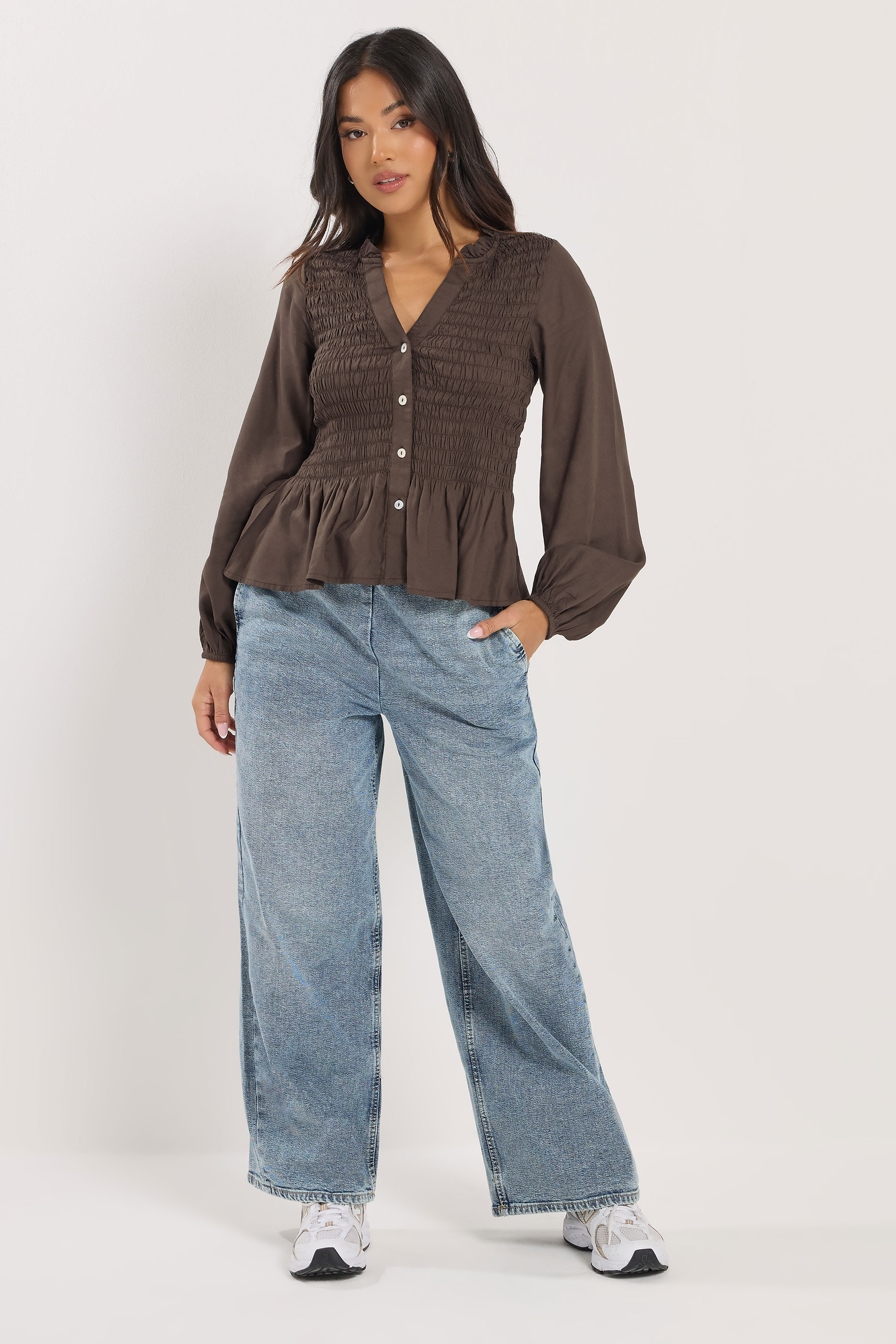 PixieGirl Petite Women's Chocolate Brown Shirred Long Sleeve Shirt | PixieGirl 2