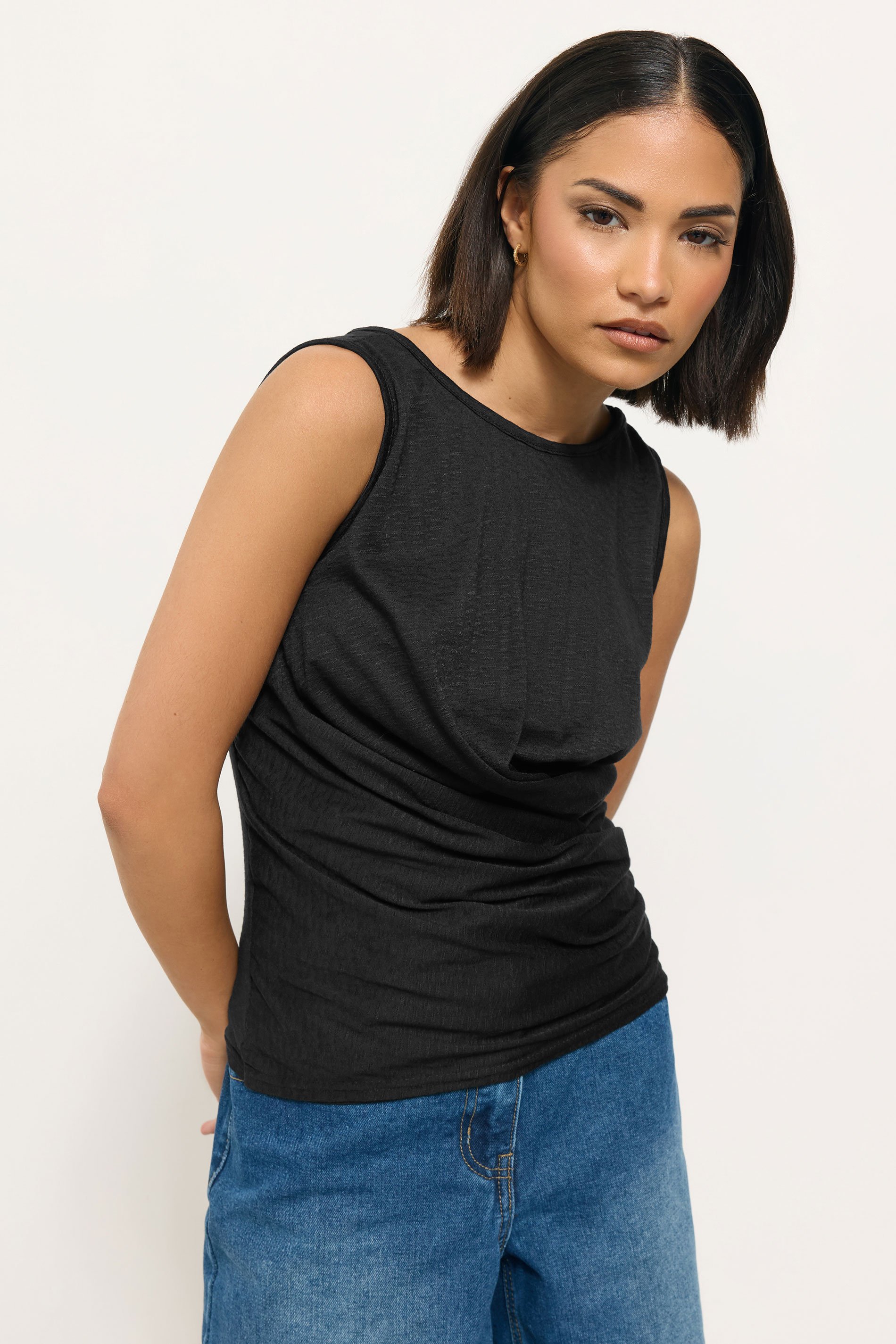PixieGirl Petite Womens Black Drape Front Vest Top | PixieGirl 1