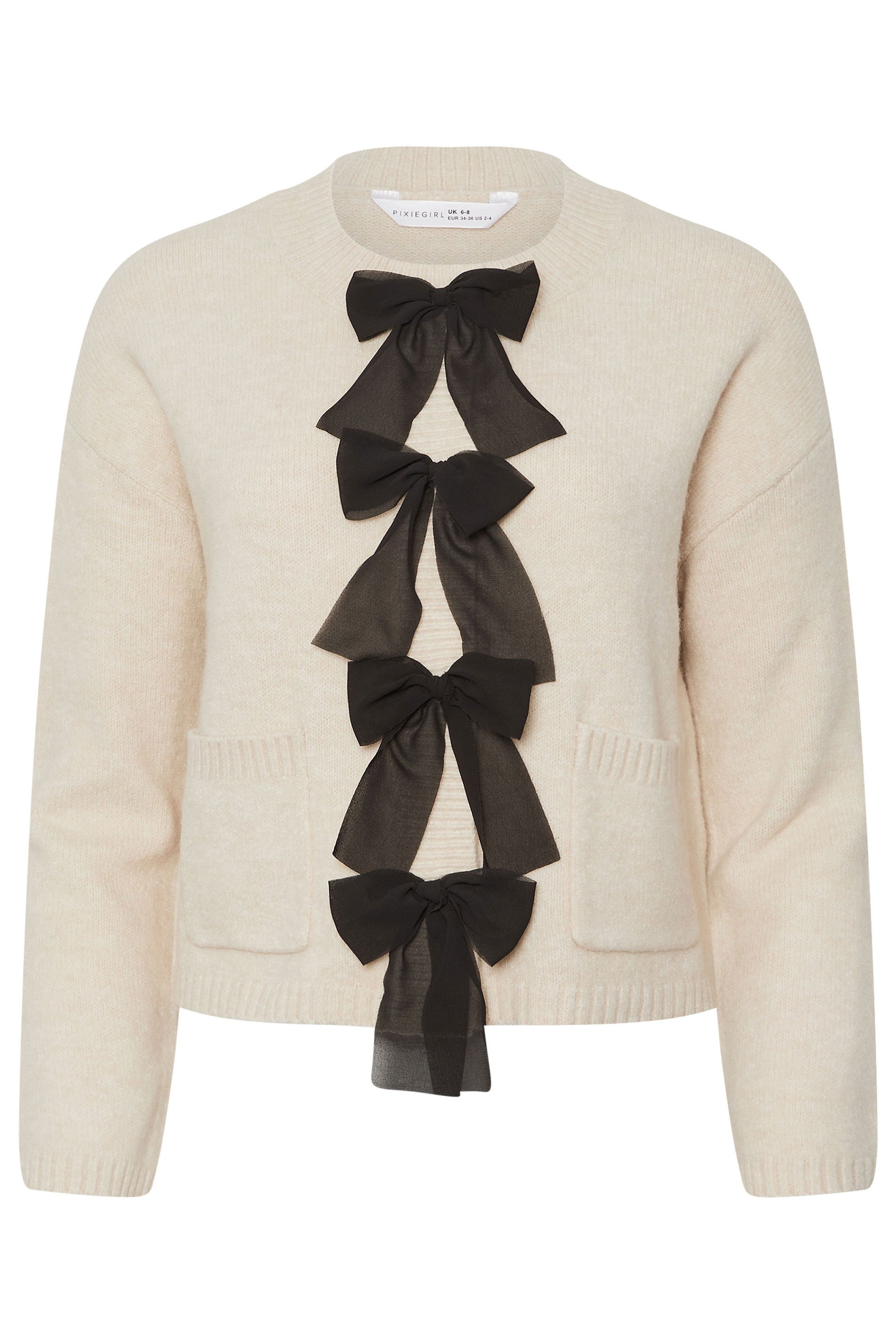 PixieGirl Petite Women's Cream Knitted Bow Front Cardigan | PixieGirl 6