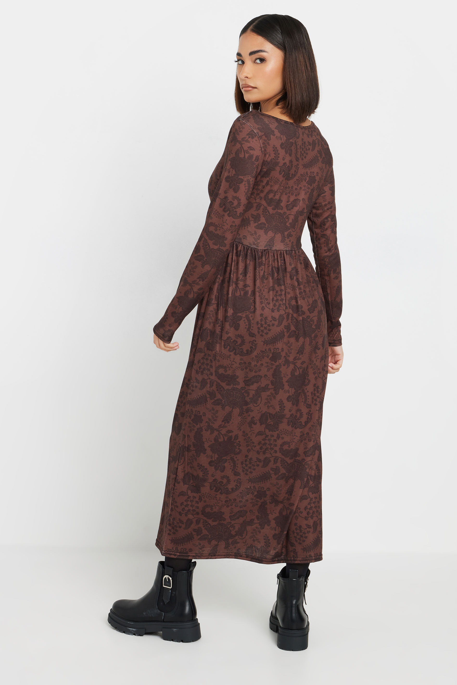 PixieGirl Petite Women's Brown Paisley Print Midi Tea Dress | PixieGirl 4