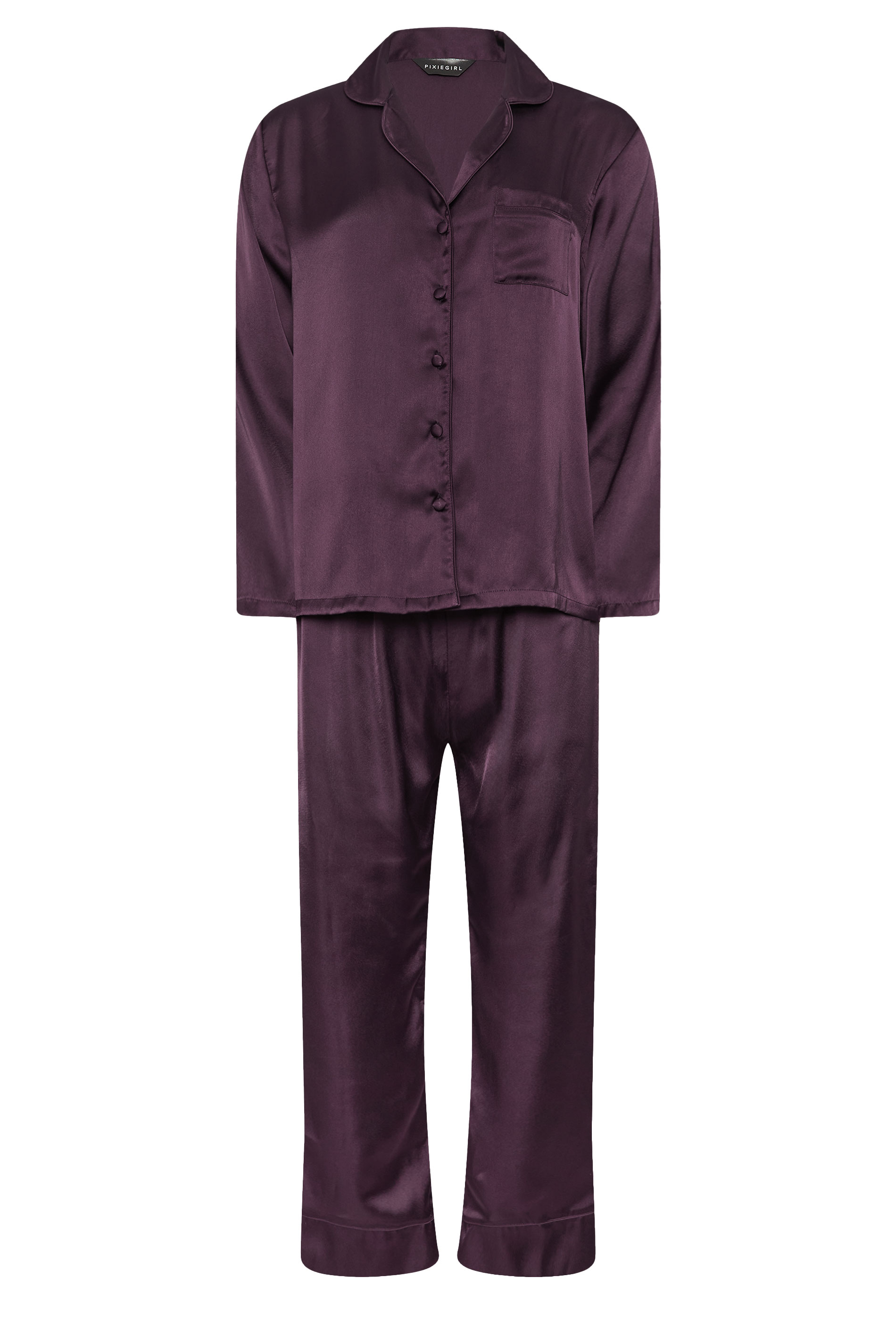 PixieGirl Petite Women's Burgundy Red Satin Button Pyjama Set | PixieGirl 5