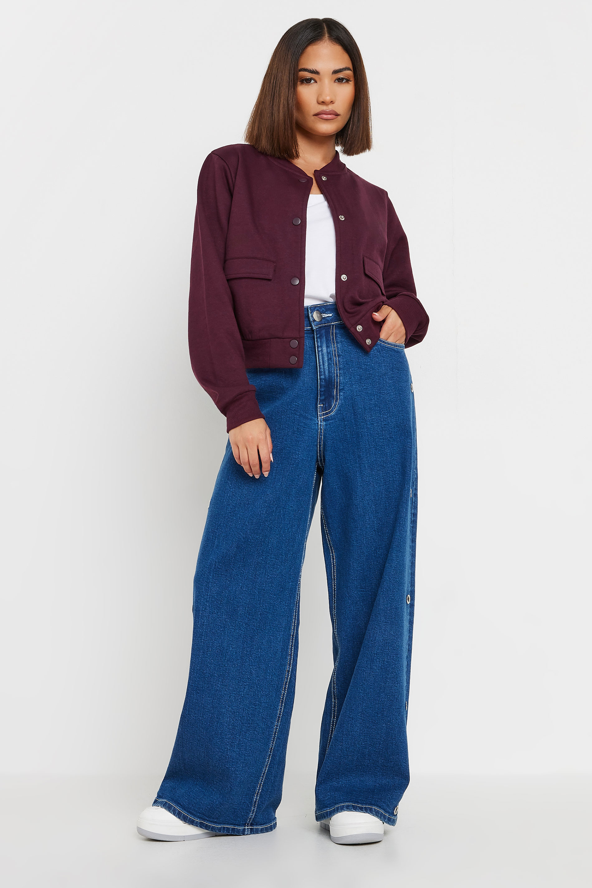 PixieGirl Petite Womens Burgundy Red Jersey Bomber Jacket | PixieGirl 3