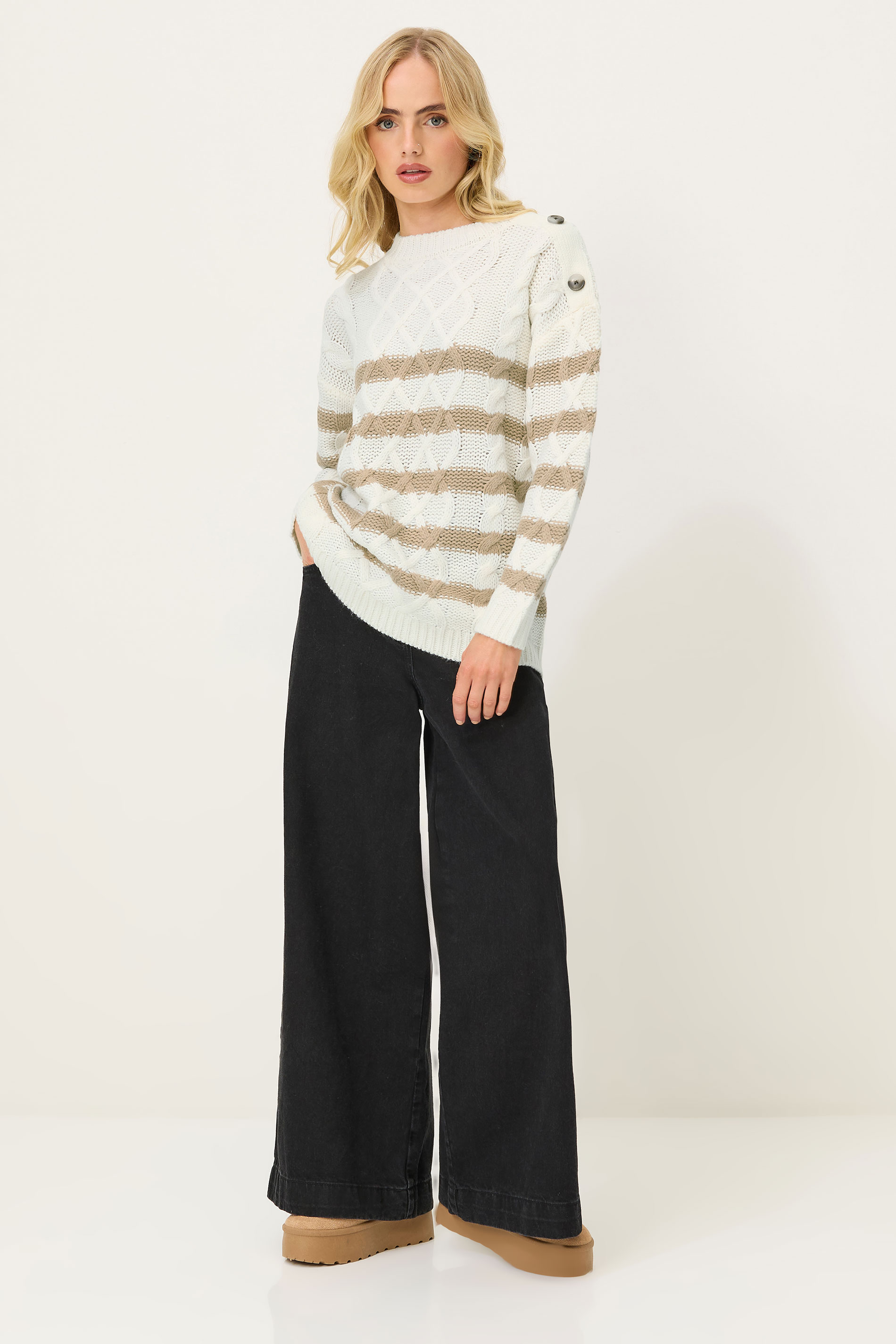 PixieGirl Petite Women's Ivory White Striped Cable Knit Jumper | PixieGirl 2